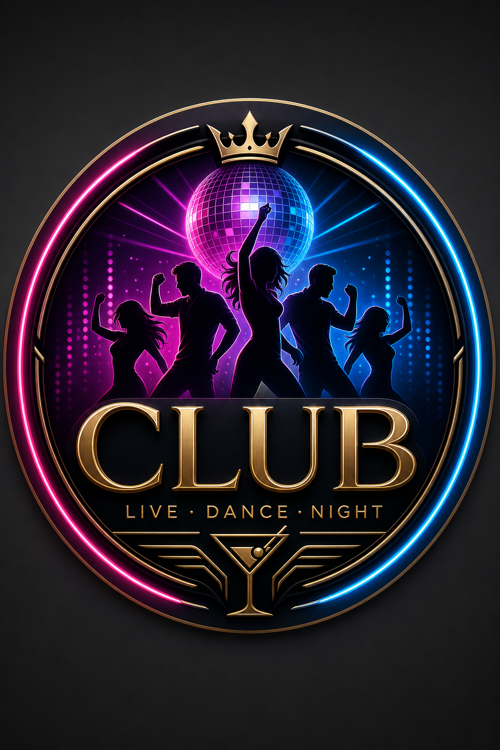 Club Logo — elegant style logo concept, featuring neon lights, dance imagery, dark background with bright accents