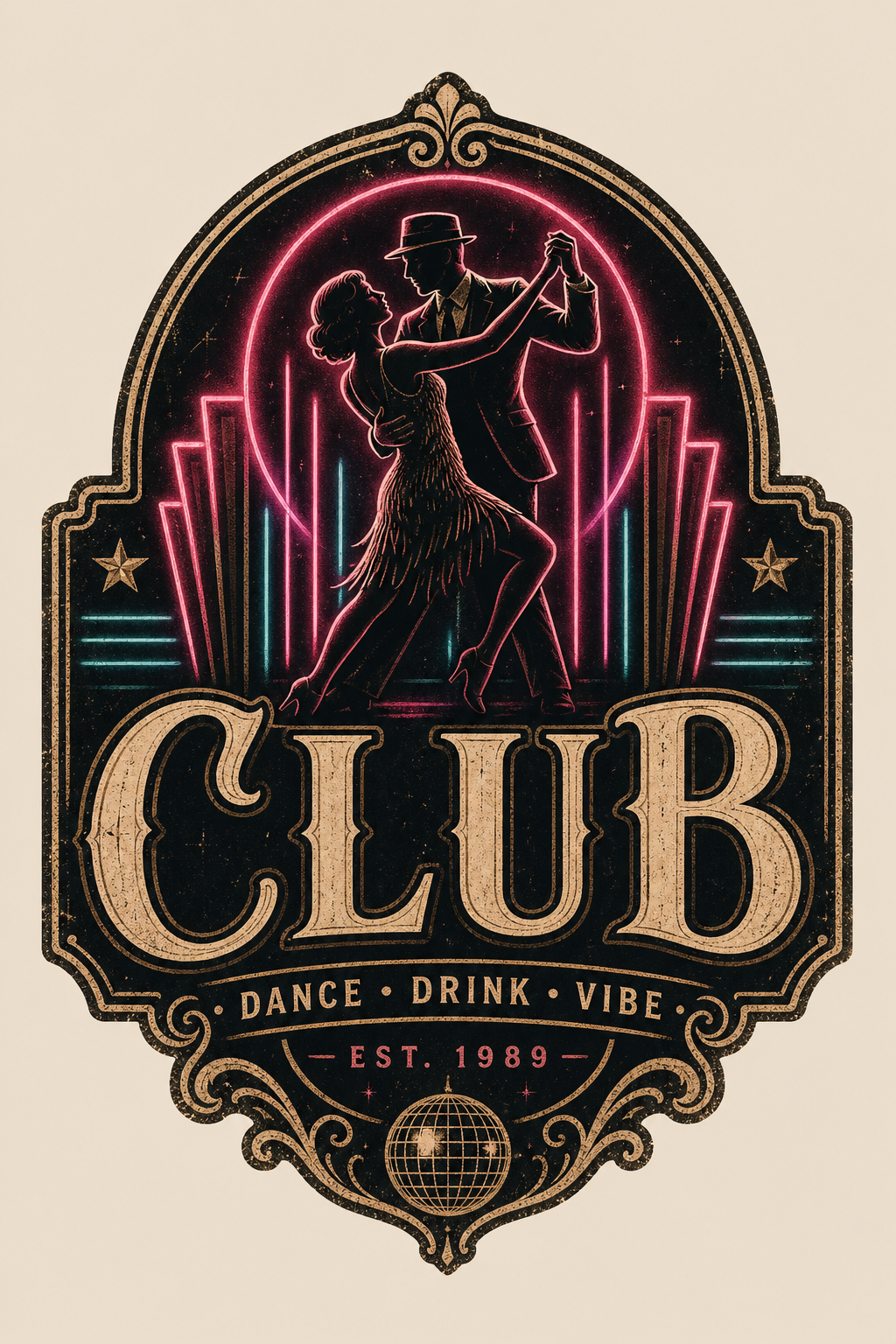 Club Logo — vintage style logo concept, featuring neon lights, dance imagery, dark background with bright accents
