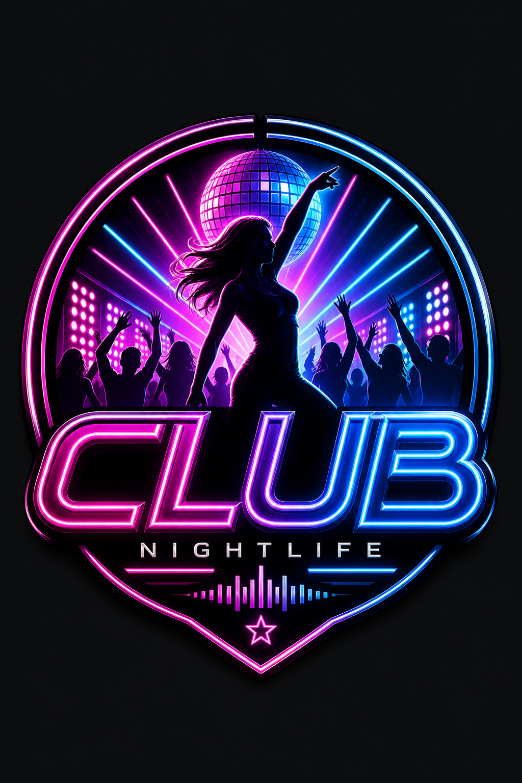 Club Logo — vibrant style logo concept, featuring neon lights, dance imagery, dark background with bright accents
