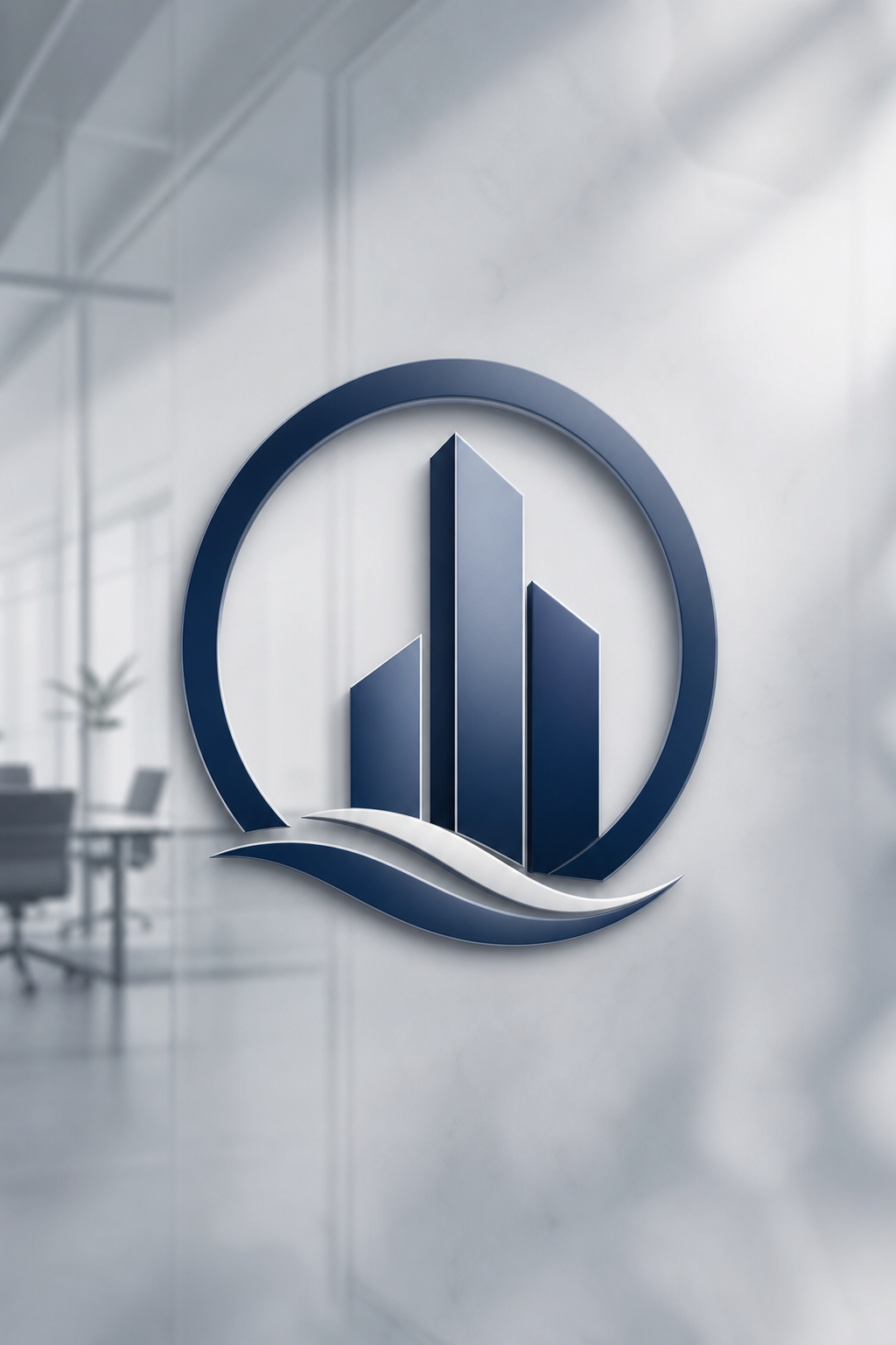 Company Logo — photo-realistic style logo concept, featuring corporate office, abstract gradient, navy and white palette