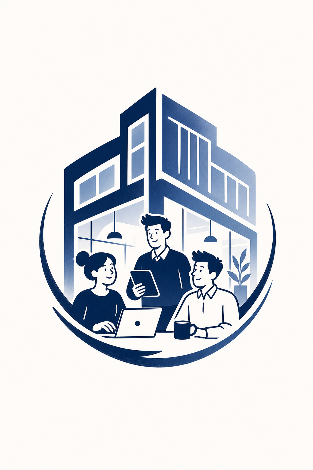 Company Logo — illustration style logo concept, featuring corporate office, abstract gradient, navy and white palette