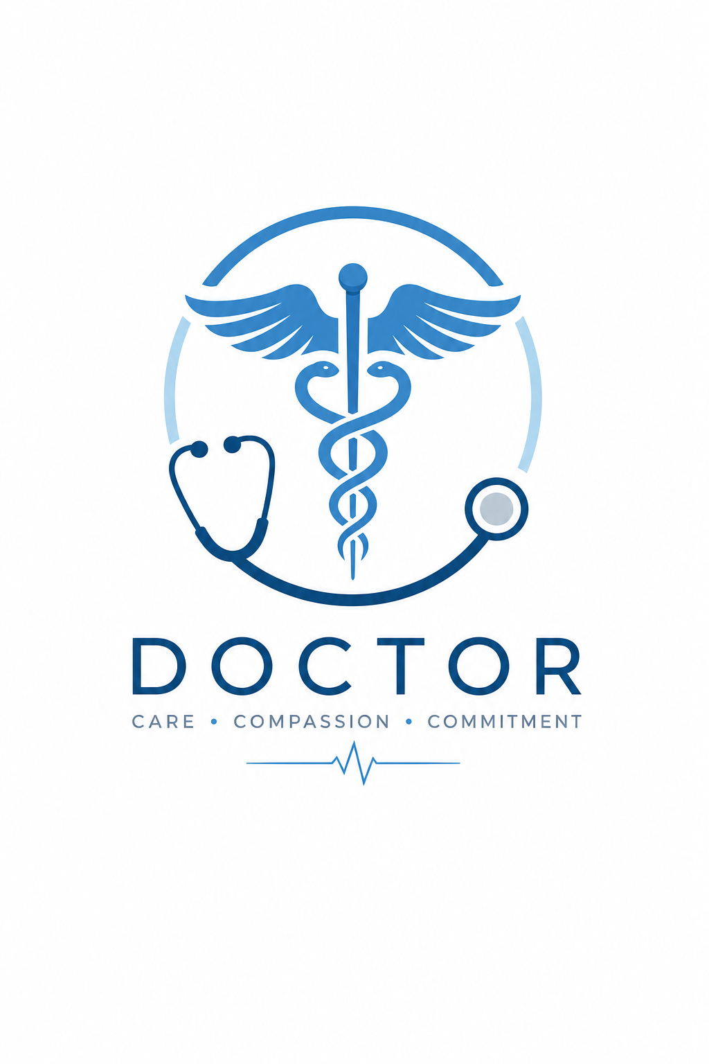 Doctor Logo — modern style logo concept, featuring medical caduceus, stethoscope, clean white/blue palette, healthcare imagery
