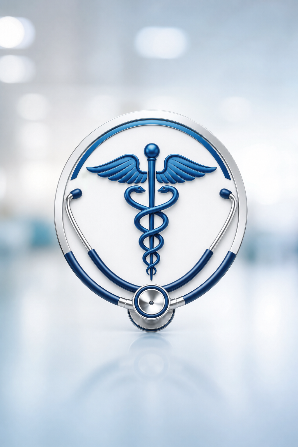 Doctor Logo — photo-realistic style logo concept, featuring medical caduceus, stethoscope, clean white/blue palette, healthcare imagery