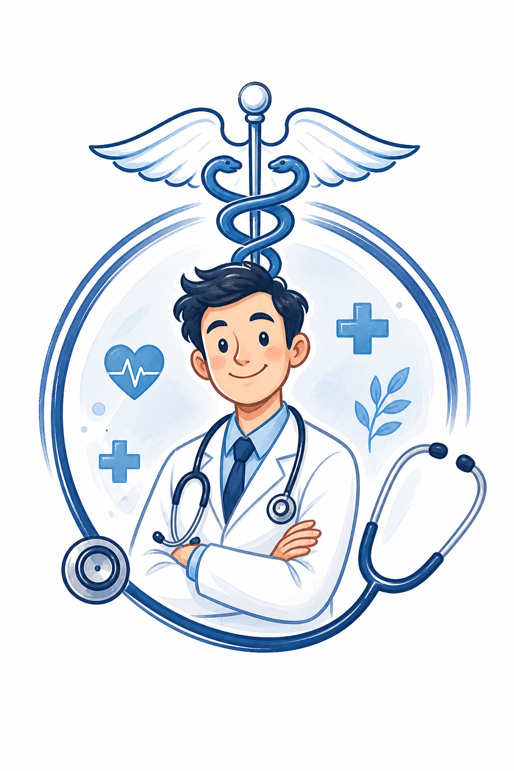 Doctor Logo — illustration style logo concept, featuring medical caduceus, stethoscope, clean white/blue palette, healthcare imagery