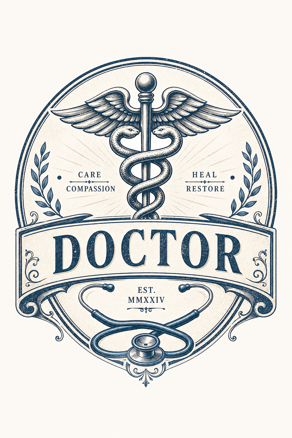 Doctor Logo — vintage style logo concept, featuring medical caduceus, stethoscope, clean white/blue palette, healthcare imagery