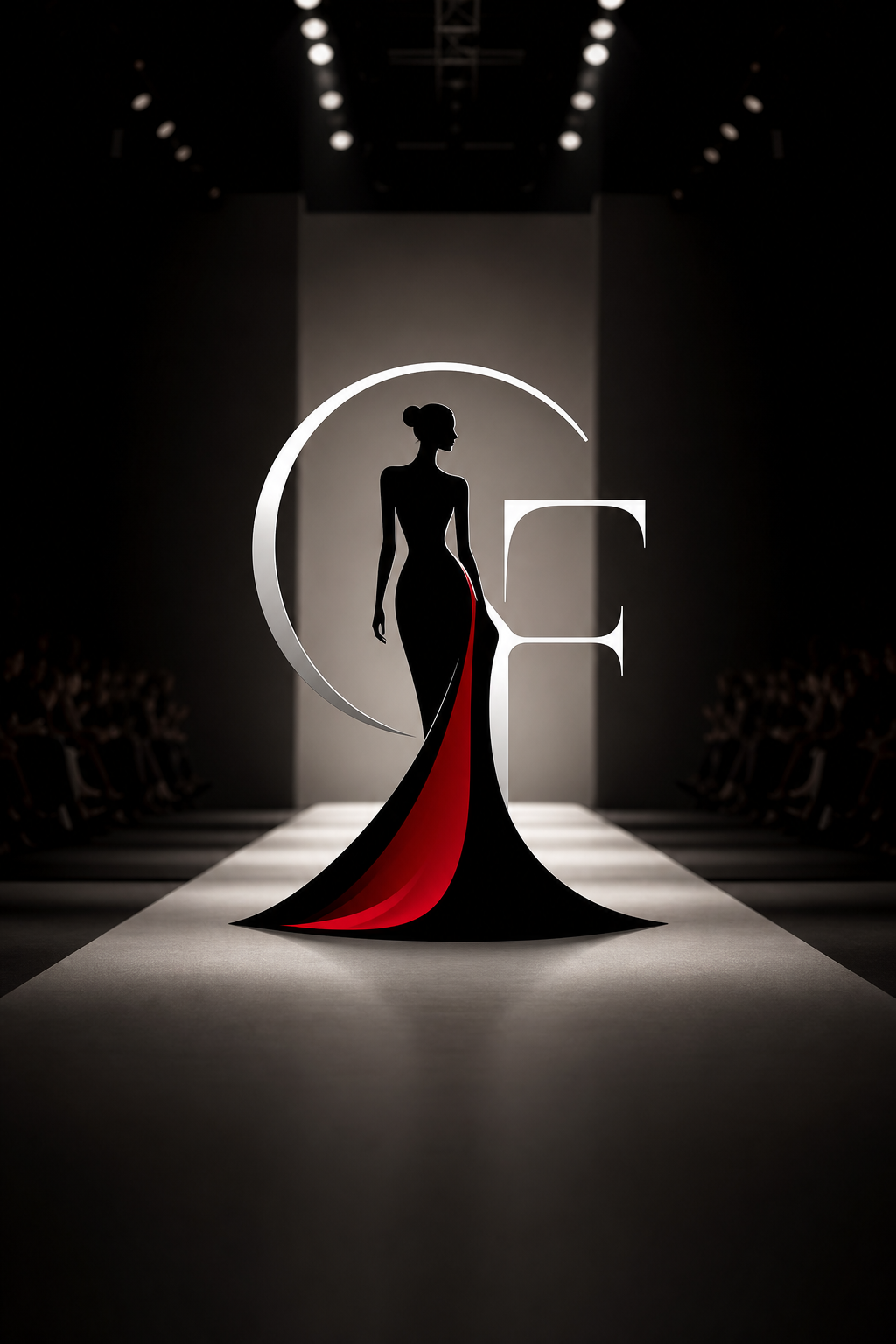 Fashion Logo — photo-realistic style logo concept, featuring model silhouette, runway, minimal modern aesthetic, monochrome with bold accent