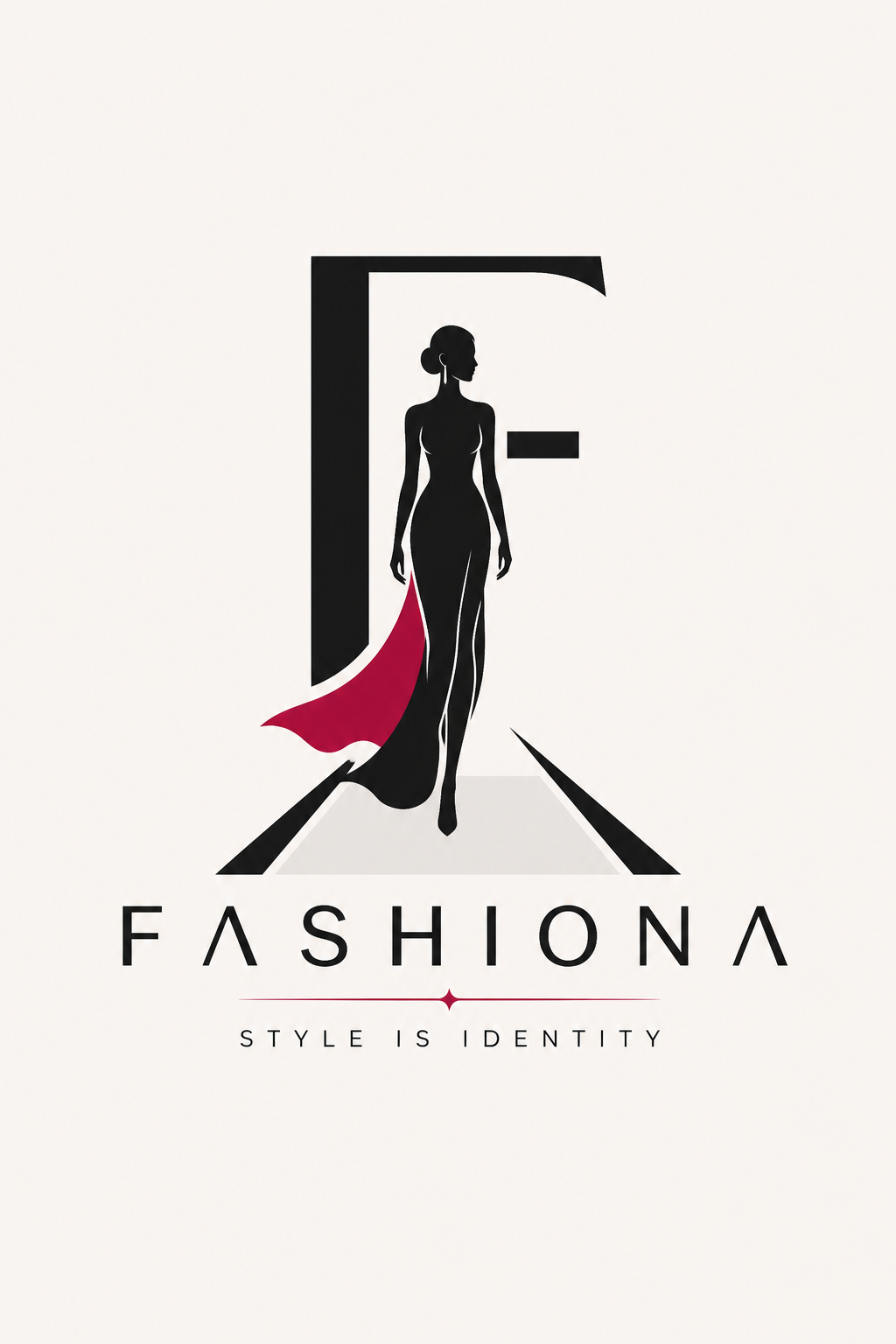 Fashion Logo — modern style logo concept, featuring model silhouette, runway, minimal modern aesthetic, monochrome with bold accent