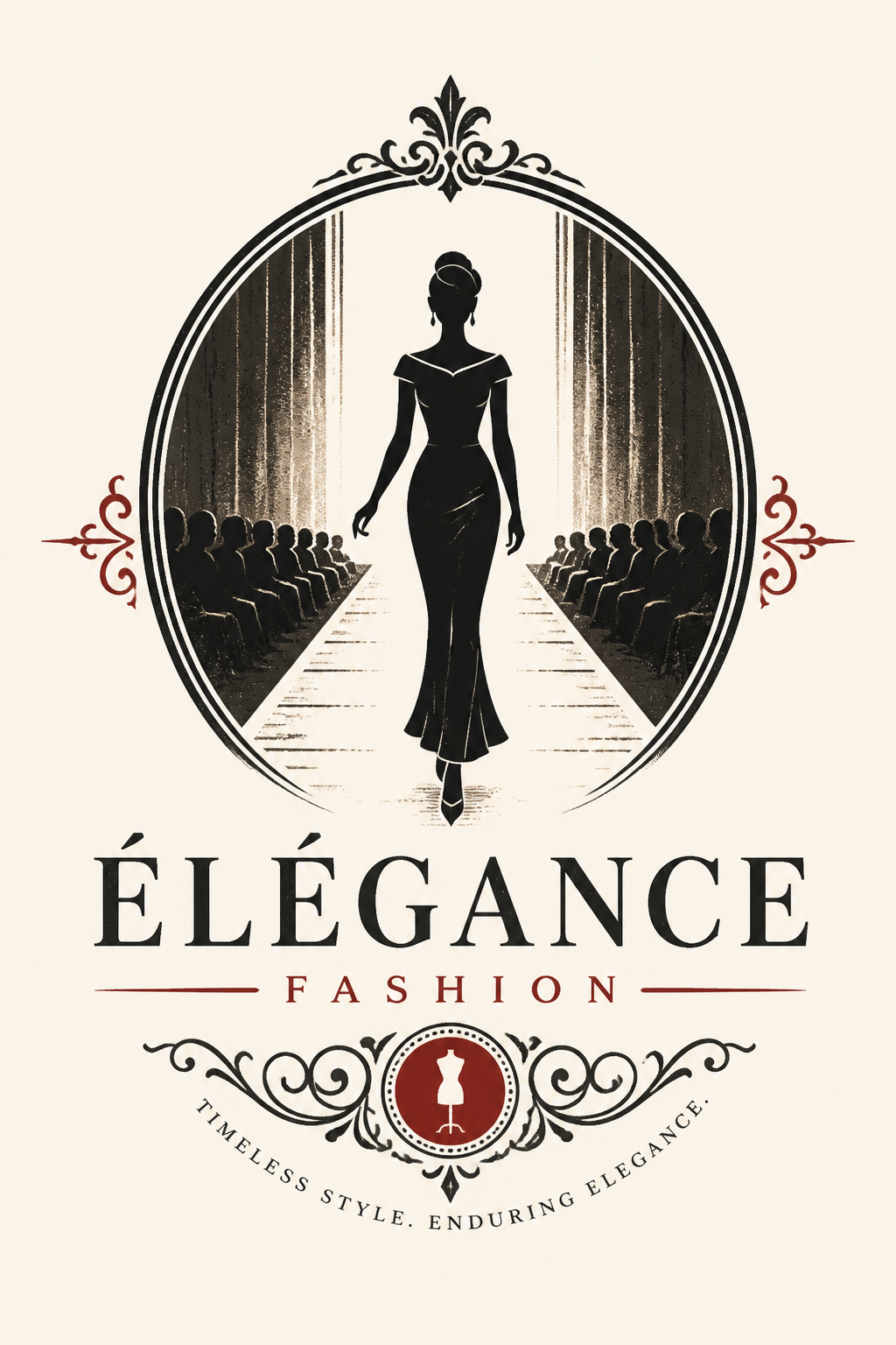 Fashion Logo — vintage style logo concept, featuring model silhouette, runway, minimal modern aesthetic, monochrome with bold accent