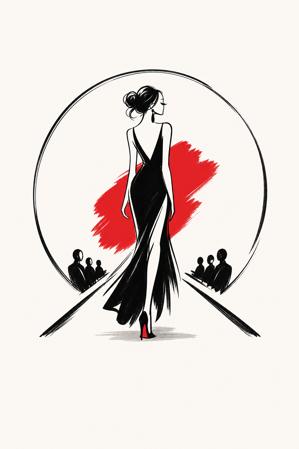 Fashion Logo — illustration style logo concept, featuring model silhouette, runway, minimal modern aesthetic, monochrome with bold accent