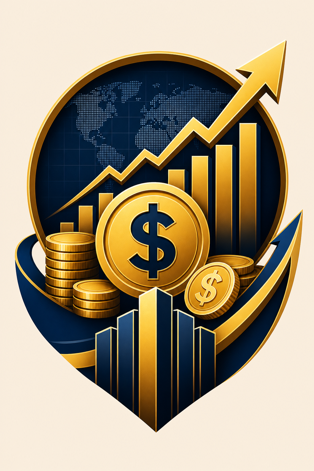 Finance Poster — vibrant style logo concept, featuring graphs going up, dollar/coin imagery, navy and gold palette, professional layout