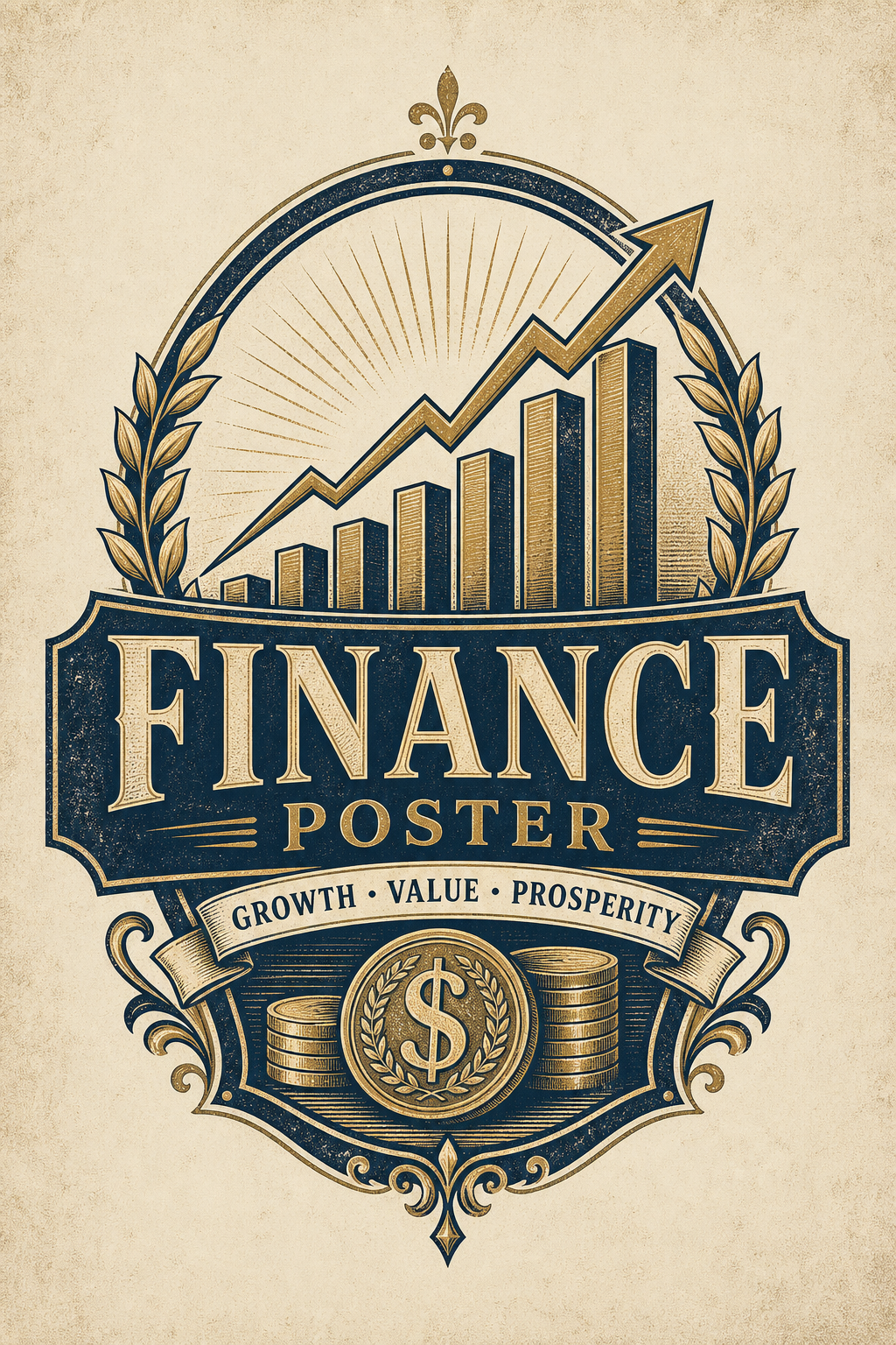 Finance Poster — vintage style logo concept, featuring graphs going up, dollar/coin imagery, navy and gold palette, professional layout