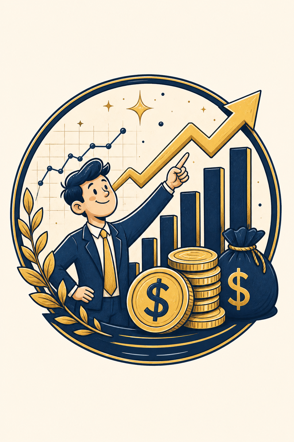 Finance Poster — illustration style logo concept, featuring graphs going up, dollar/coin imagery, navy and gold palette, professional layout
