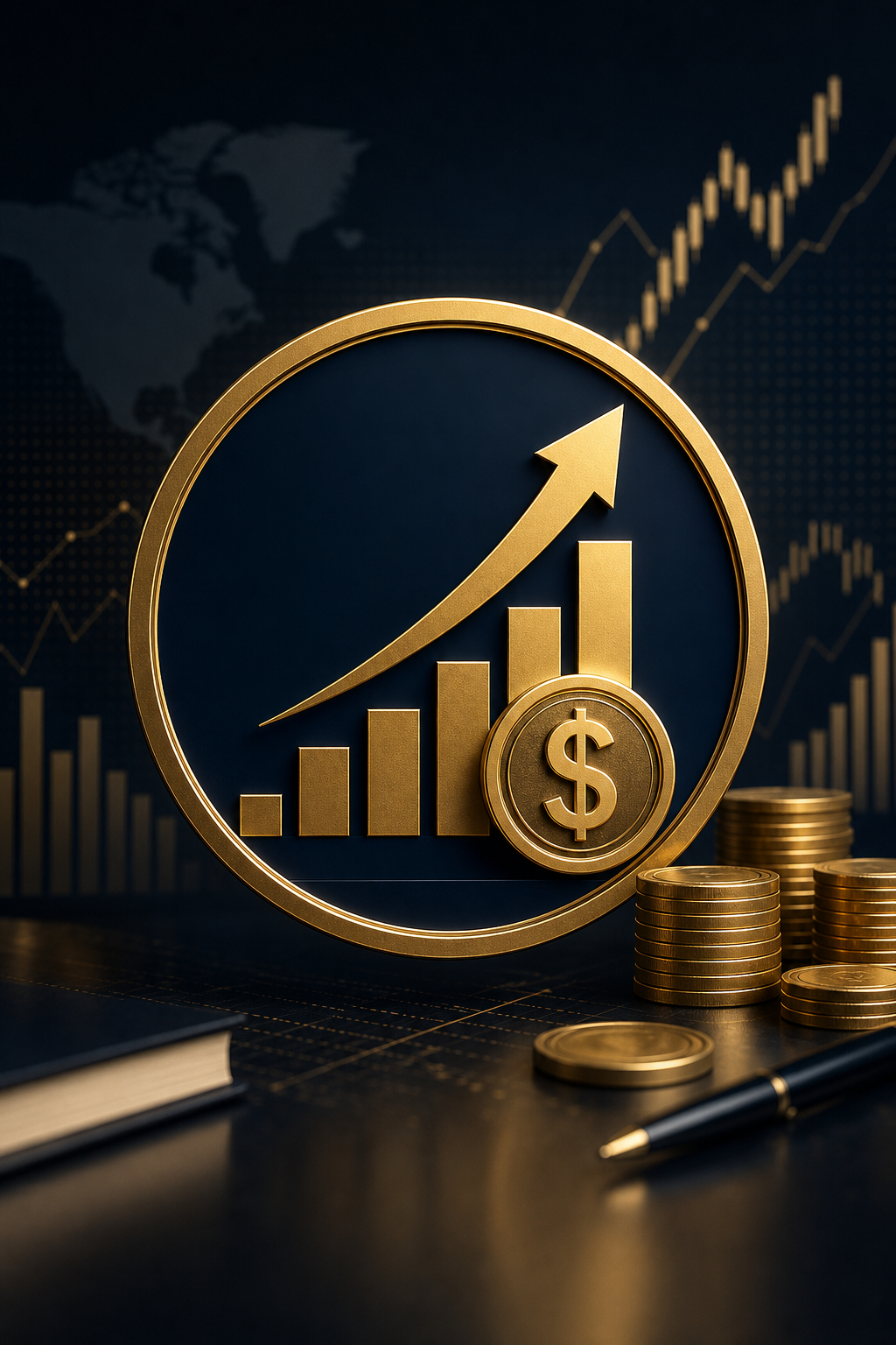 Finance Poster — photo-realistic style logo concept, featuring graphs going up, dollar/coin imagery, navy and gold palette, professional layout