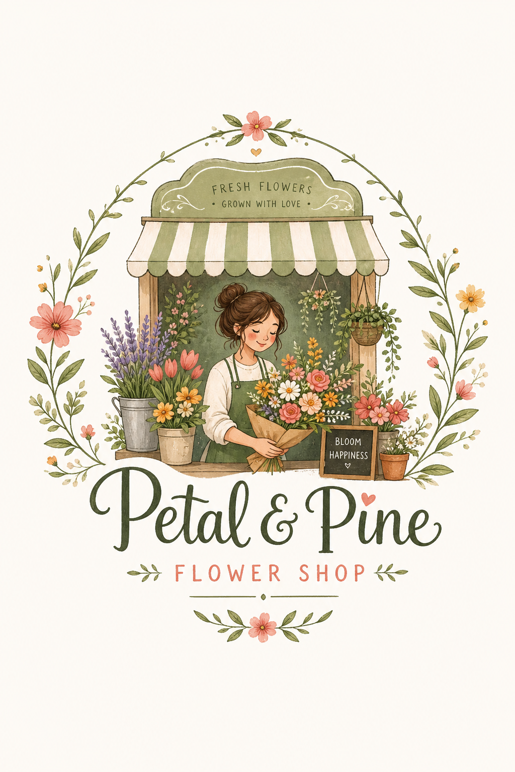 Flower Shop Logo — illustration style logo concept, featuring botanical floral imagery, garden palette, organic curves