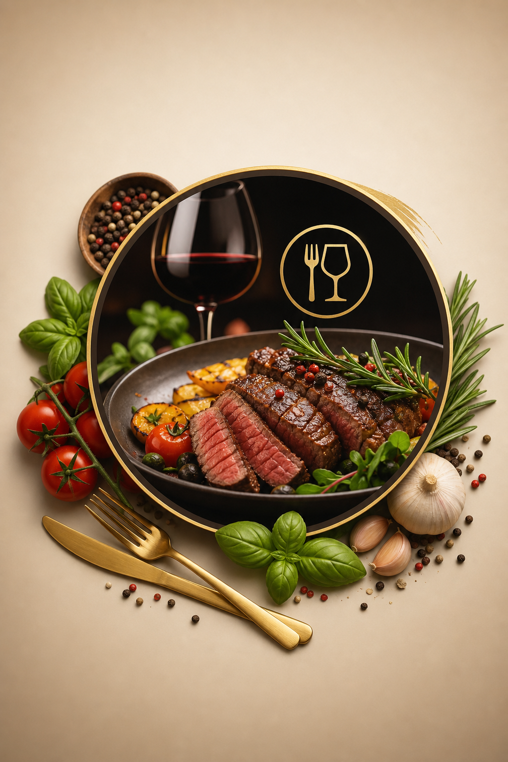Food &amp; Drink Logo — photo-realistic style logo concept, featuring gourmet dish photography, fresh ingredients, warm appetizing tones