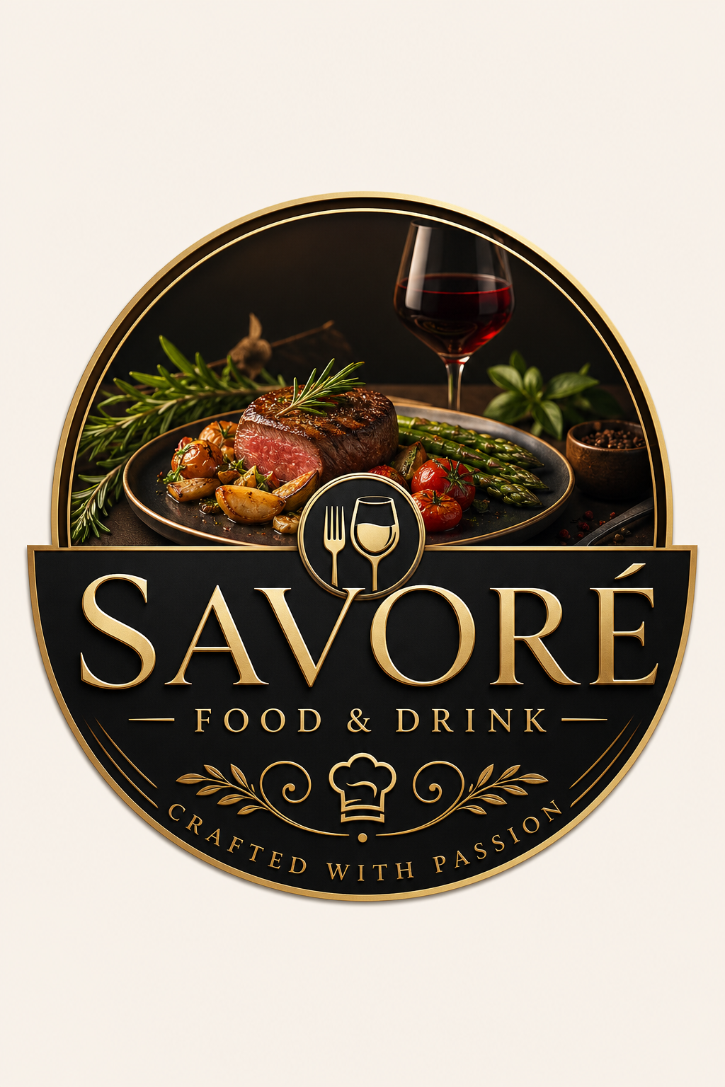 Food &amp; Drink Logo — elegant style logo concept, featuring gourmet dish photography, fresh ingredients, warm appetizing tones
