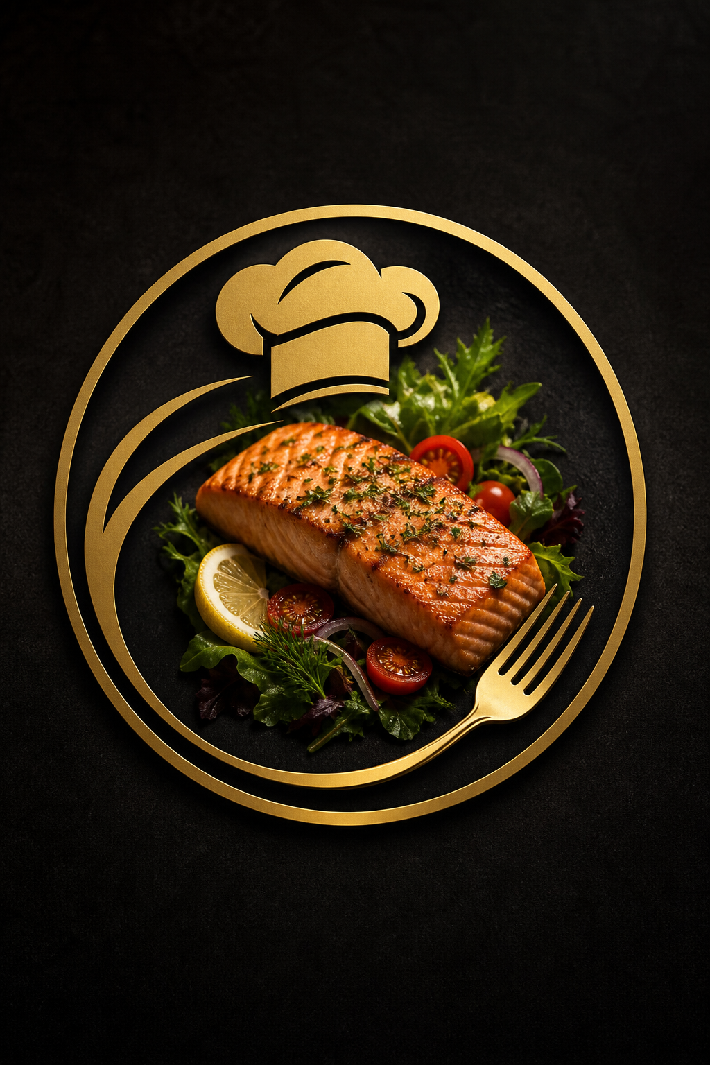 Food Logo — photo-realistic style logo concept, featuring gourmet dish photography, fresh ingredients, warm appetizing tones