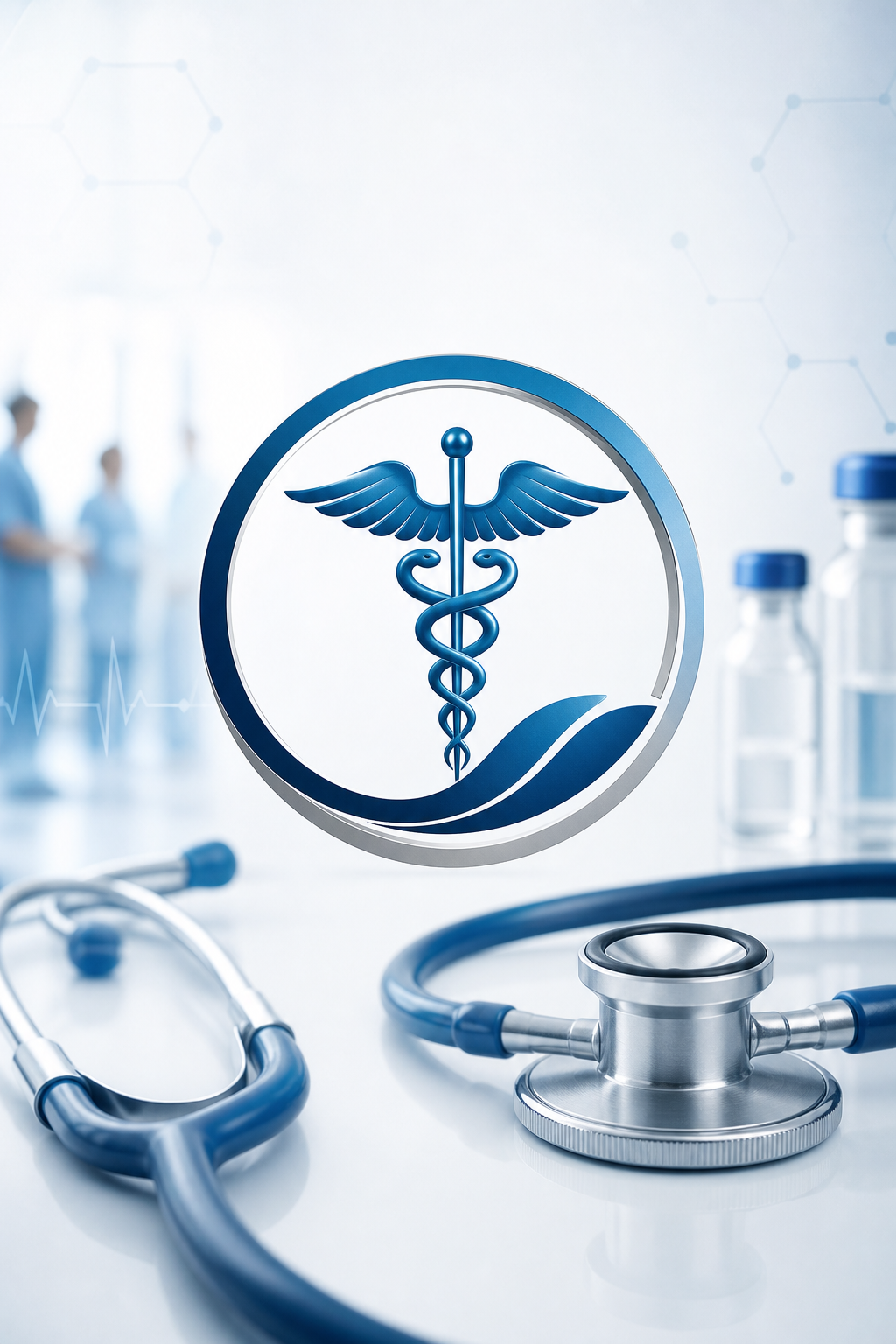 Medical Presentation — photo-realistic style logo concept, featuring caduceus, stethoscope, clean white/blue palette, healthcare imagery