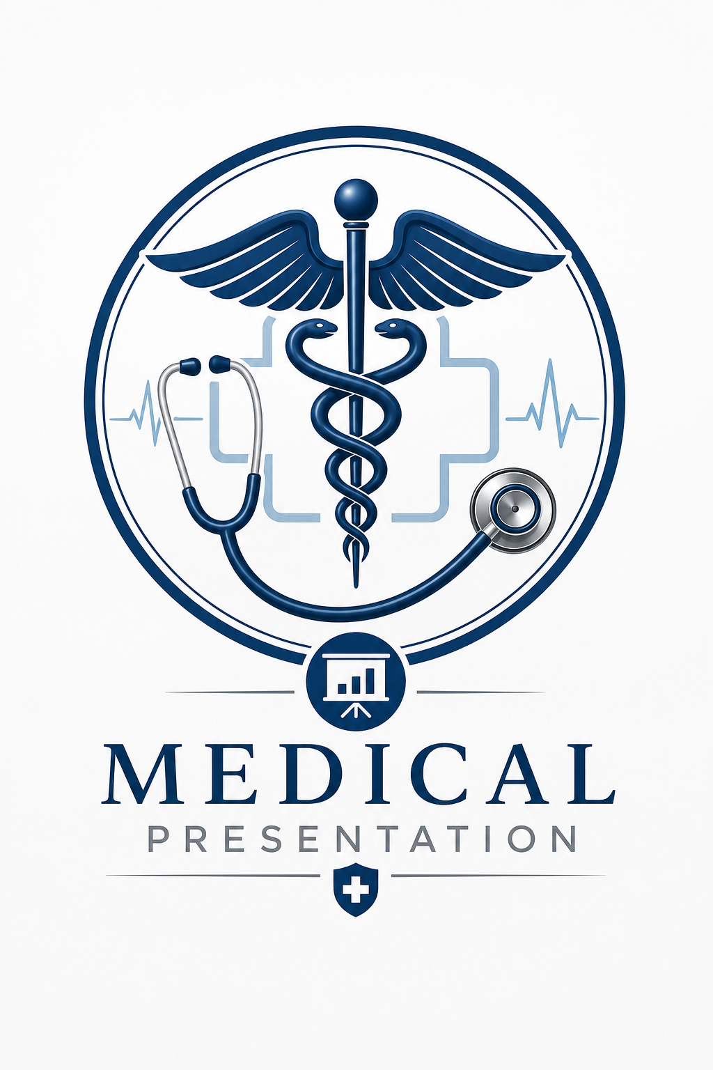 Medical Presentation — corporate style logo concept, featuring caduceus, stethoscope, clean white/blue palette, healthcare imagery