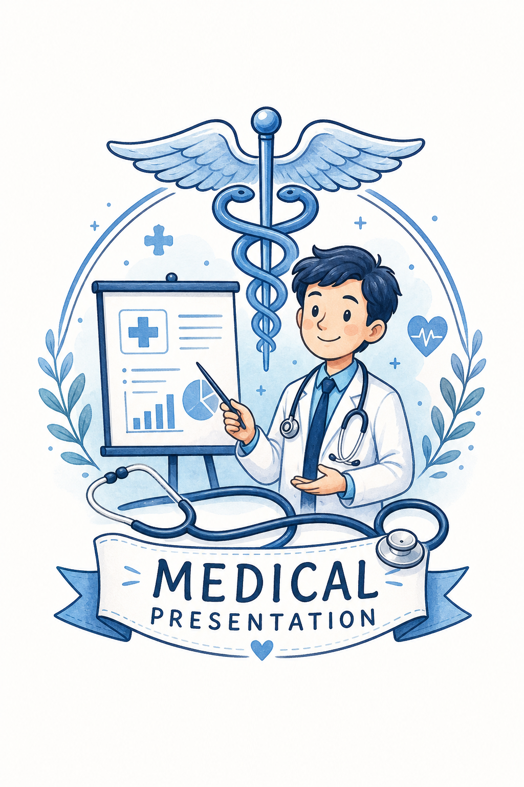 Medical Presentation — illustration style logo concept, featuring caduceus, stethoscope, clean white/blue palette, healthcare imagery
