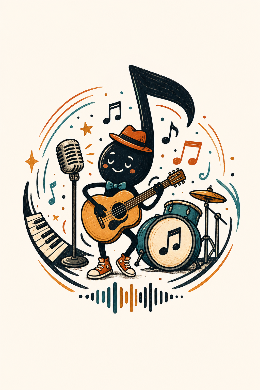 Music Logo — illustration style logo concept, featuring musical notes, instruments, sound waves, performance imagery
