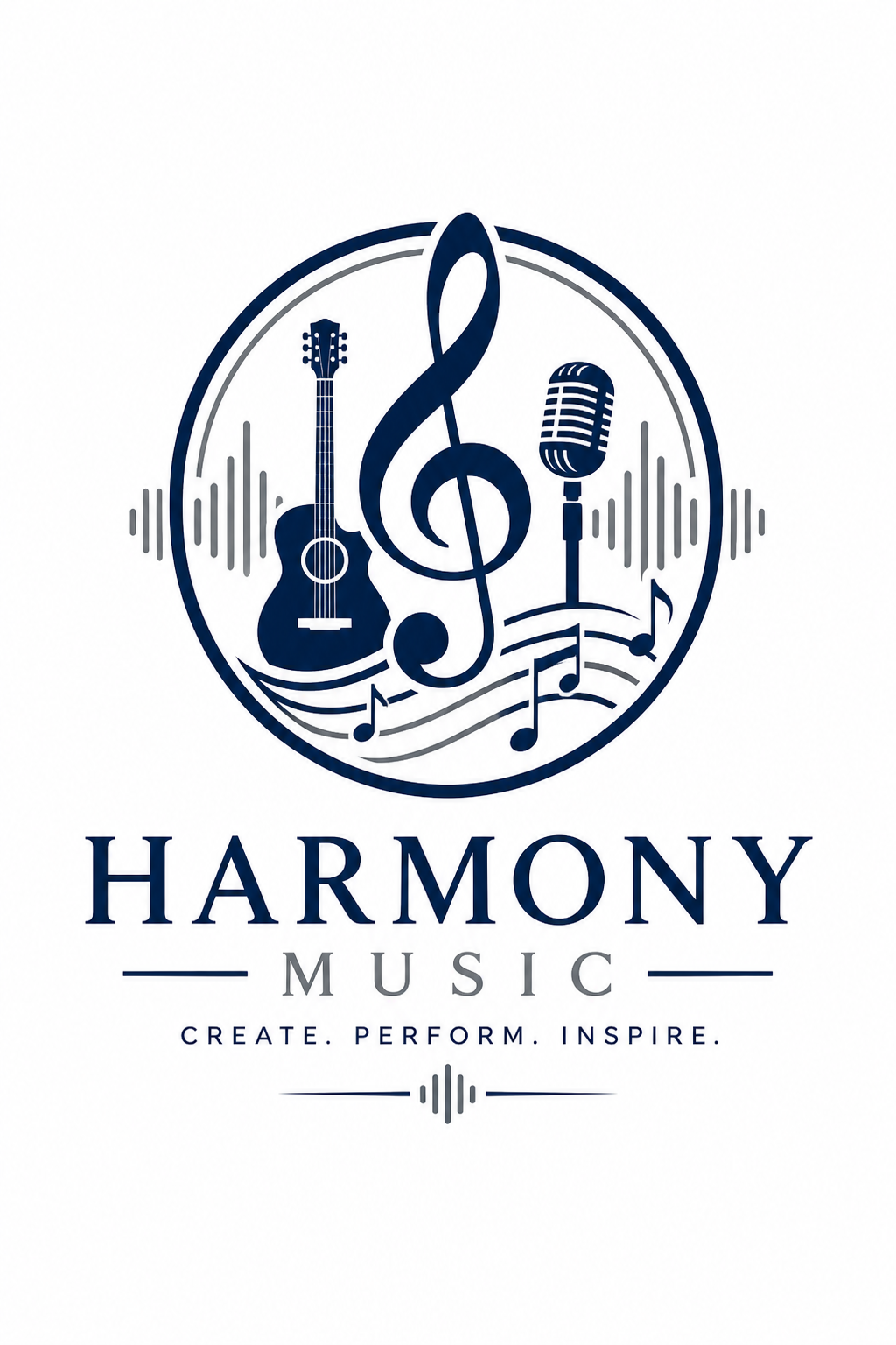 Music Logo — corporate style logo concept, featuring musical notes, instruments, sound waves, performance imagery