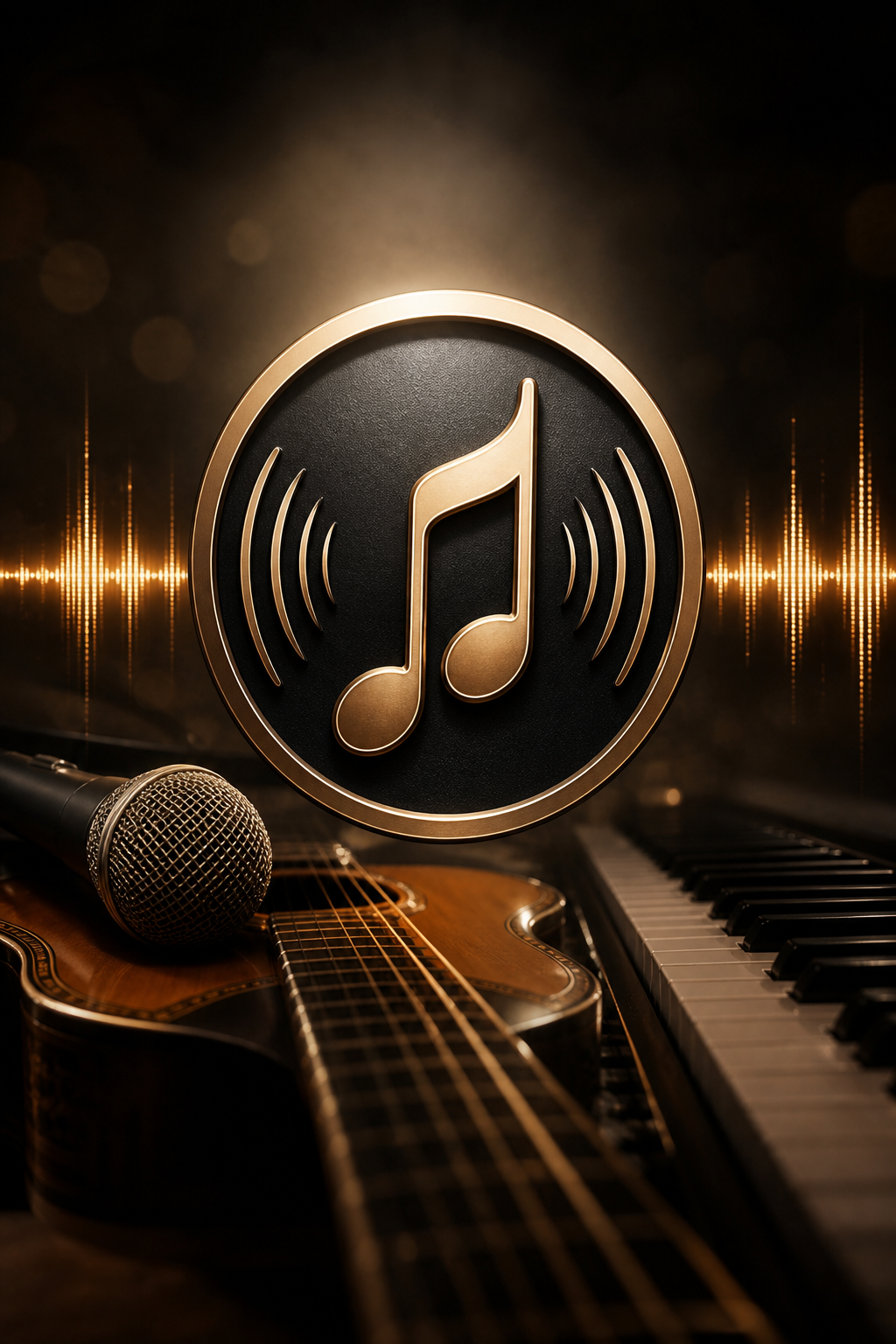 Music Logo — photo-realistic style logo concept, featuring musical notes, instruments, sound waves, performance imagery
