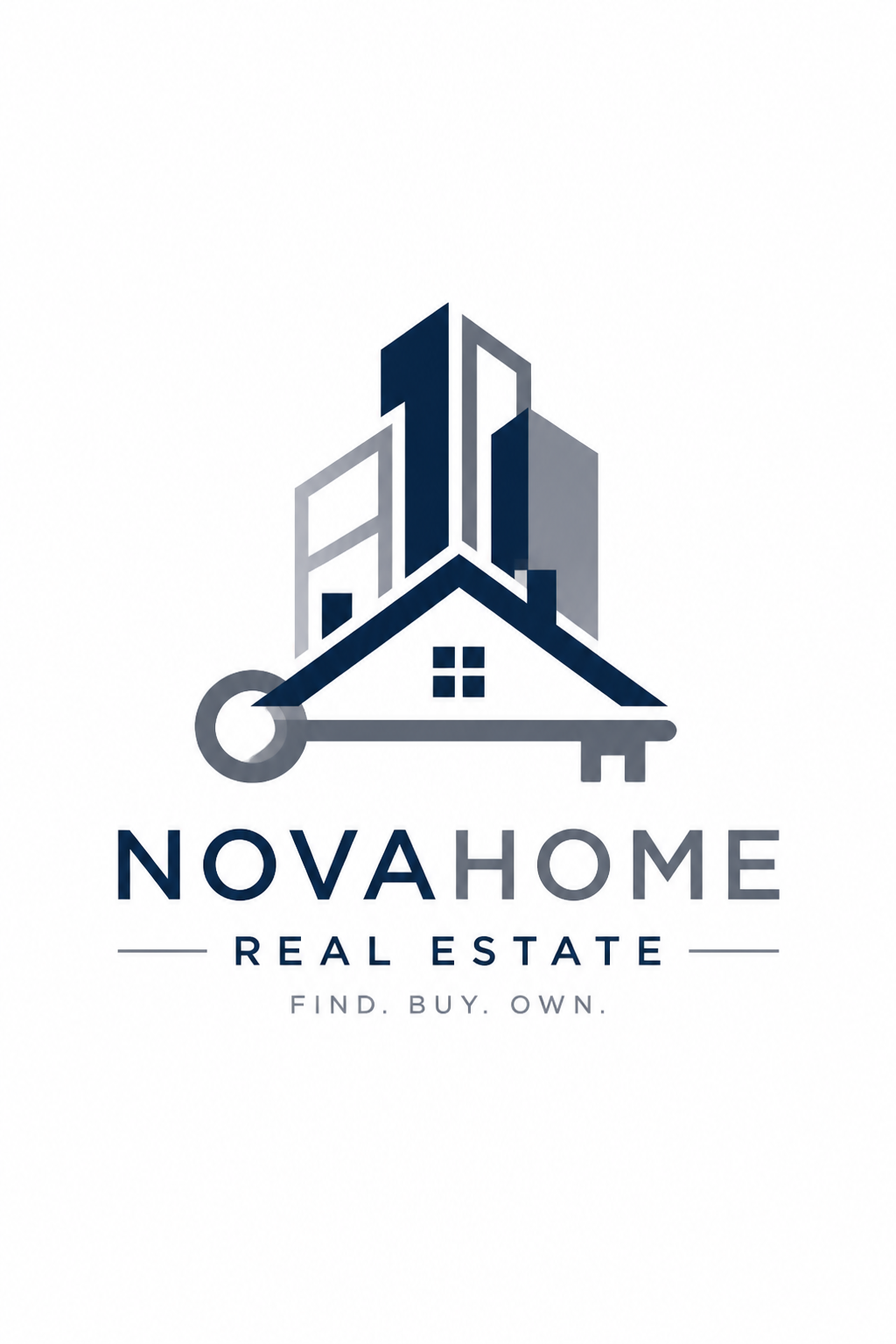 Real Estate Logo — modern style logo concept, featuring houses, keys, modern architecture, navy and grey palette, professional