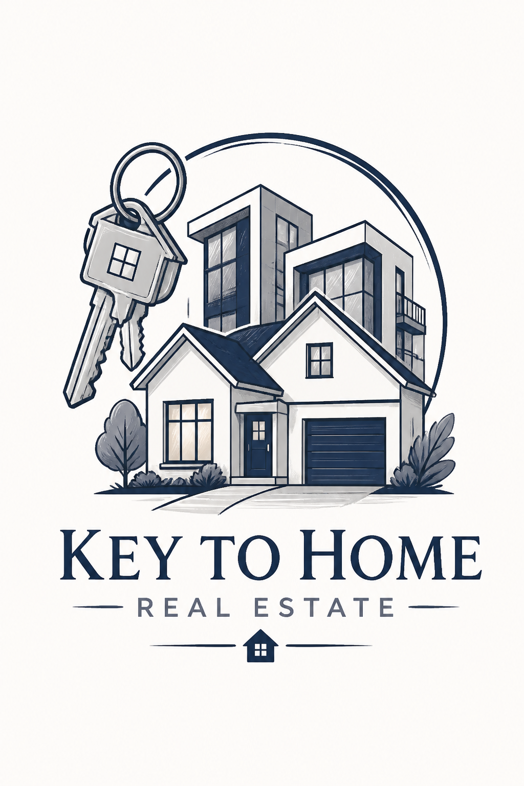 Real Estate Logo — illustration style logo concept, featuring houses, keys, modern architecture, navy and grey palette, professional