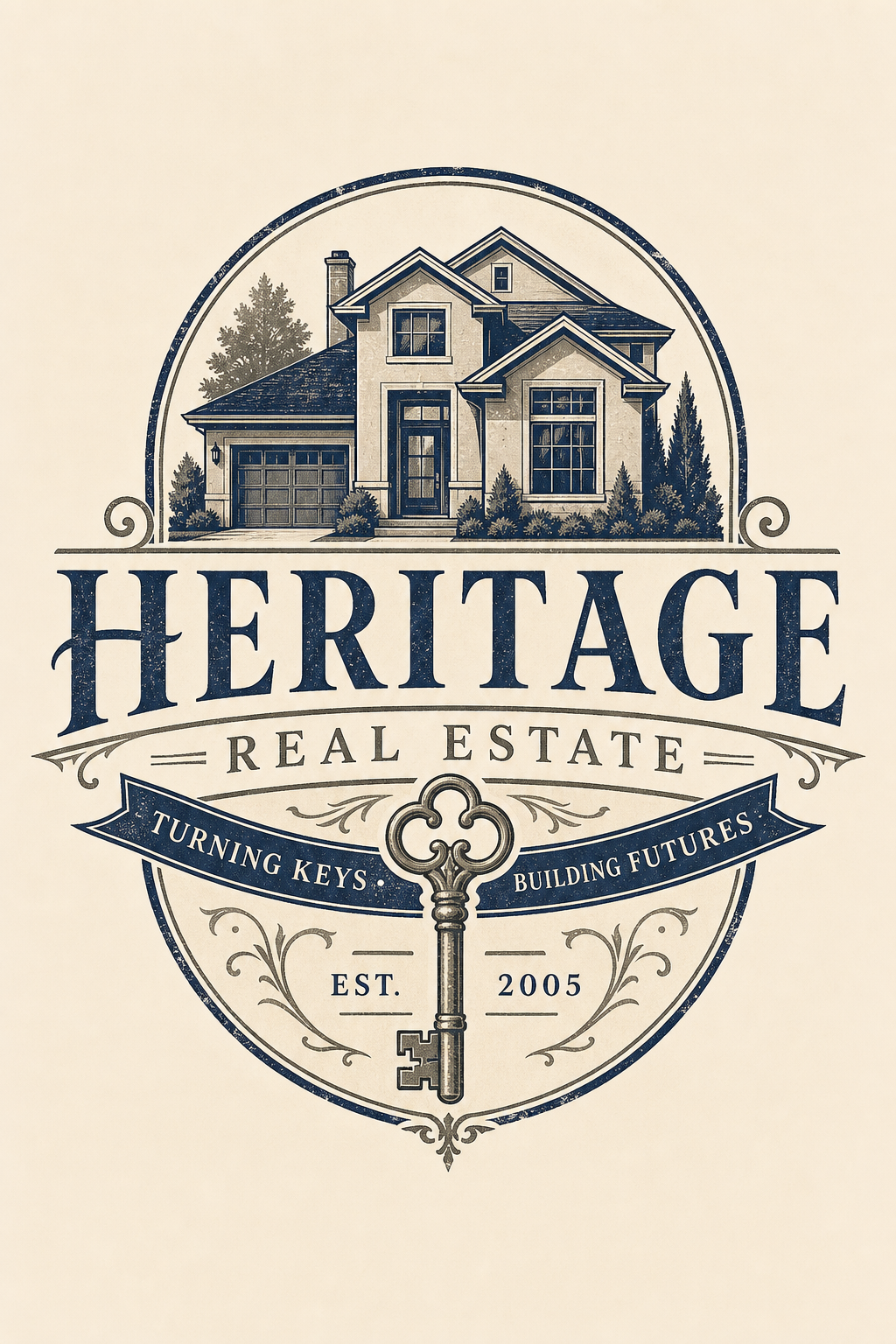 Real Estate Logo — vintage style logo concept, featuring houses, keys, modern architecture, navy and grey palette, professional