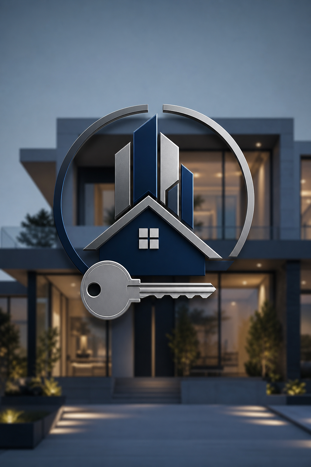 Real Estate Logo — photo-realistic style logo concept, featuring houses, keys, modern architecture, navy and grey palette, professional
