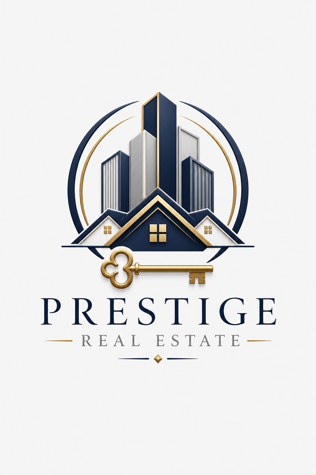 Real Estate Logo — elegant style logo concept, featuring houses, keys, modern architecture, navy and grey palette, professional