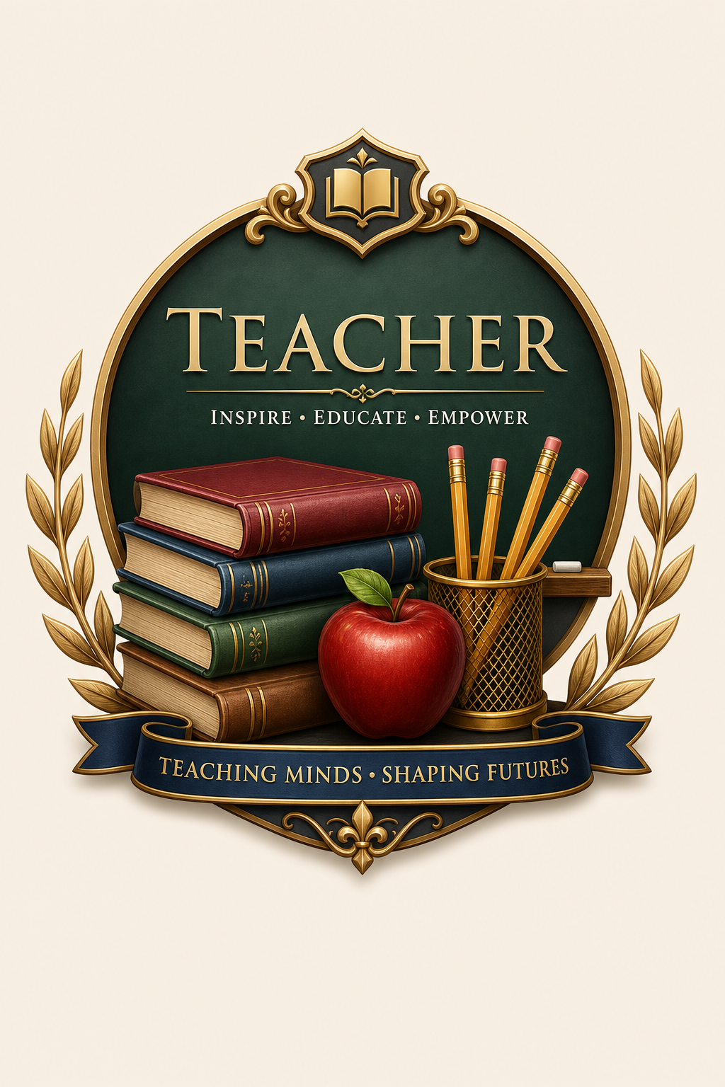Teacher Logo — elegant style logo concept, featuring books, pencils, apple, chalkboard, warm scholarly palette