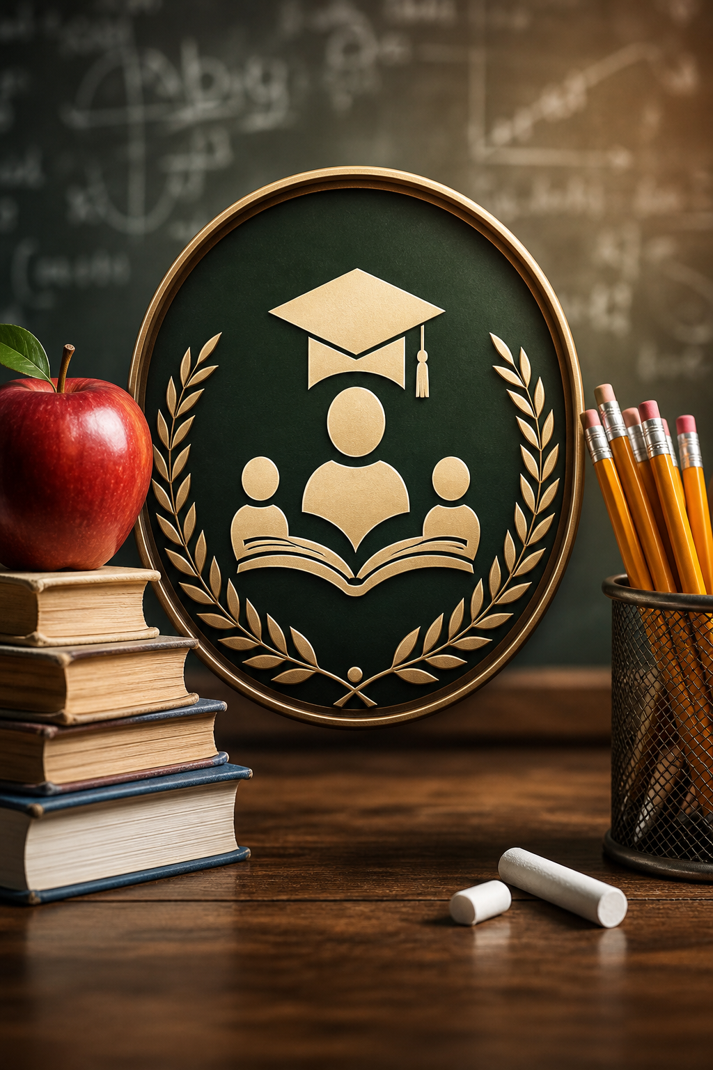 Teacher Logo — photo-realistic style logo concept, featuring books, pencils, apple, chalkboard, warm scholarly palette