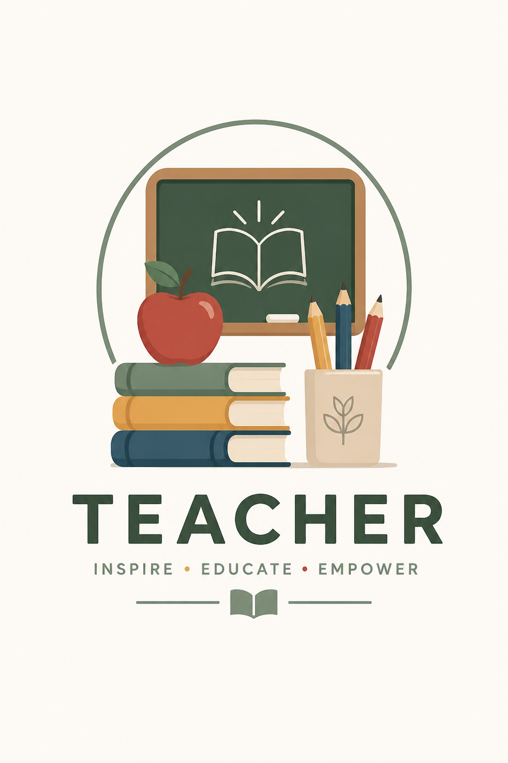 Teacher Logo — modern style logo concept, featuring books, pencils, apple, chalkboard, warm scholarly palette