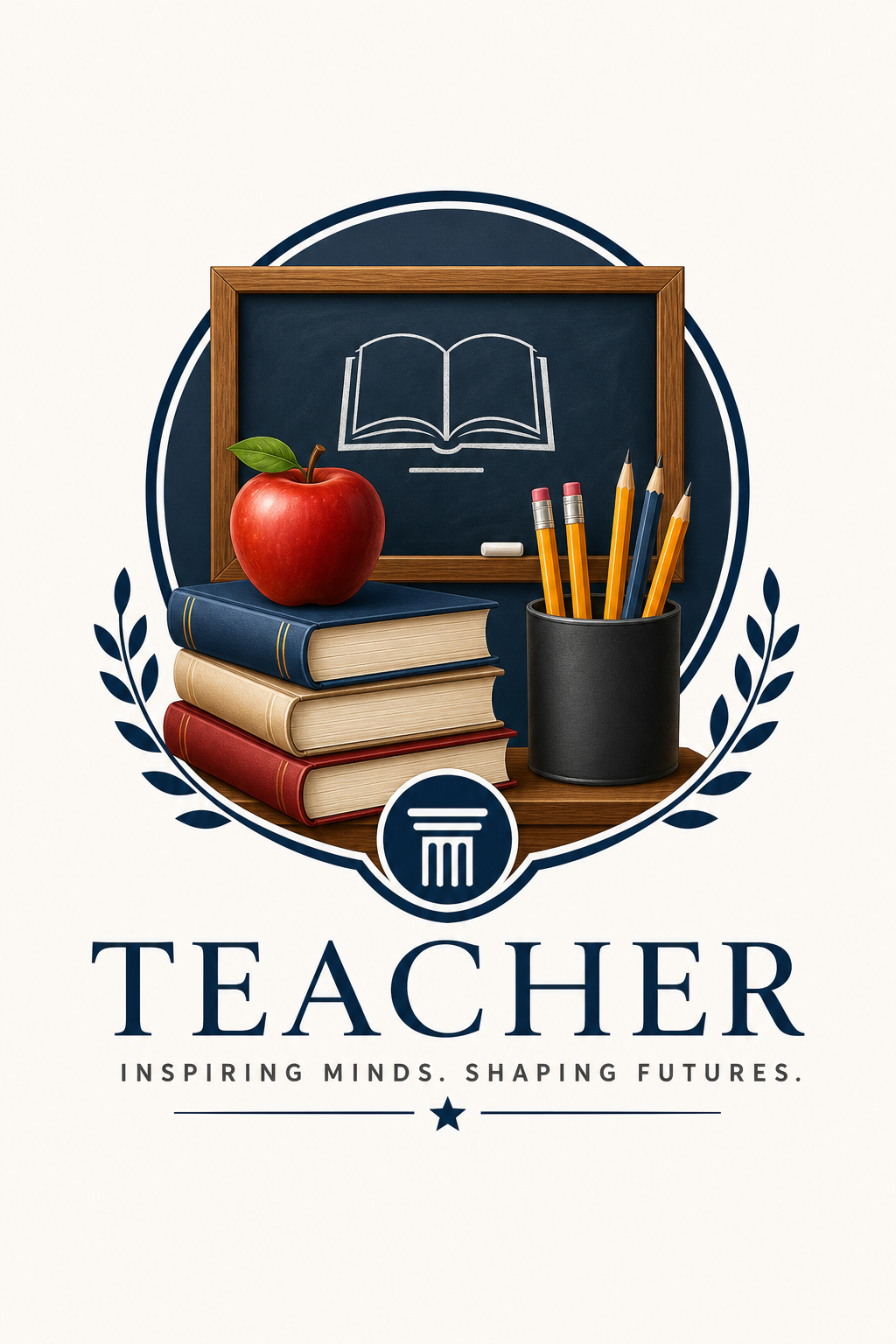 Teacher Logo — corporate style logo concept, featuring books, pencils, apple, chalkboard, warm scholarly palette