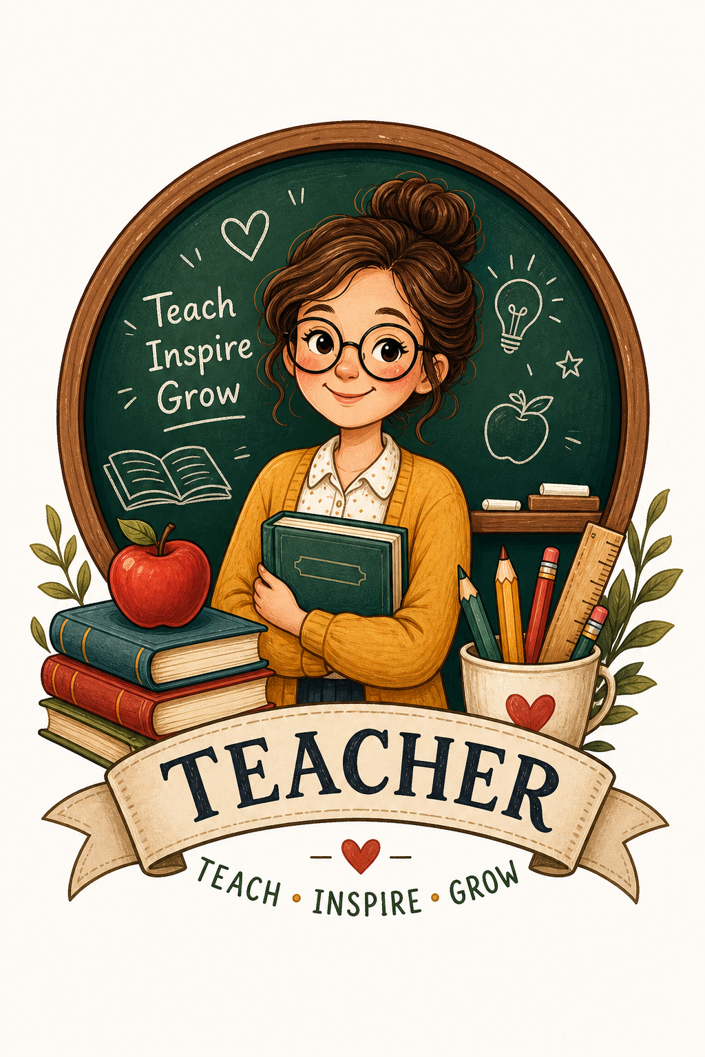 Teacher Logo — illustration style logo concept, featuring books, pencils, apple, chalkboard, warm scholarly palette