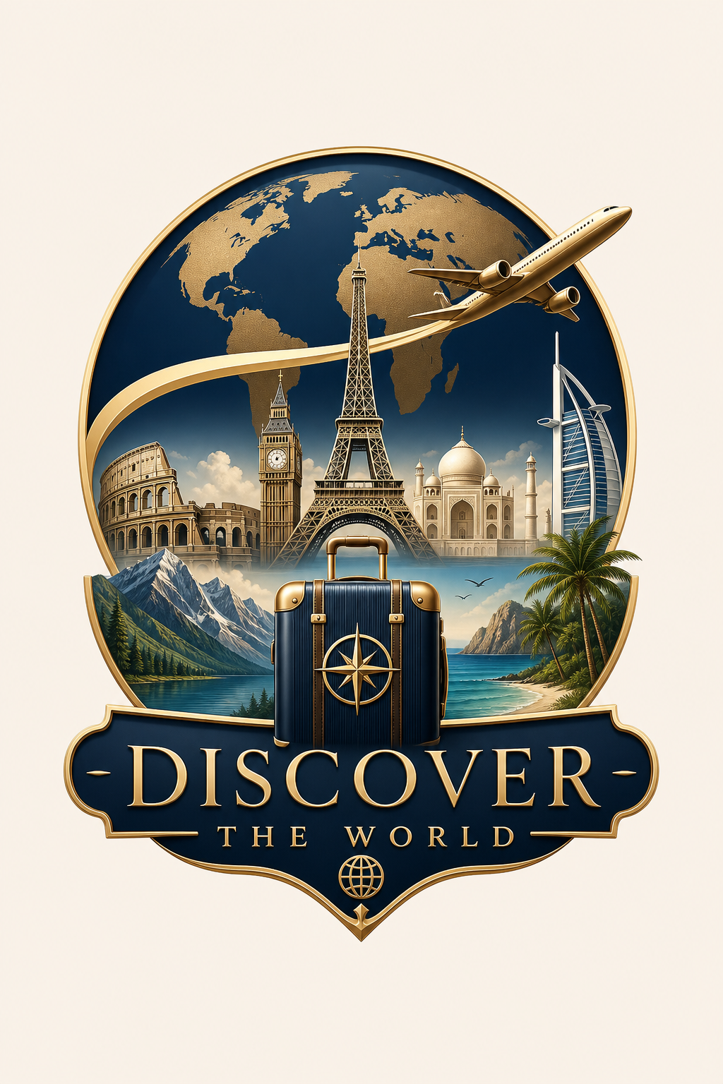 Travel Logo — elegant style logo concept, featuring landmarks, suitcase, plane, scenic vistas