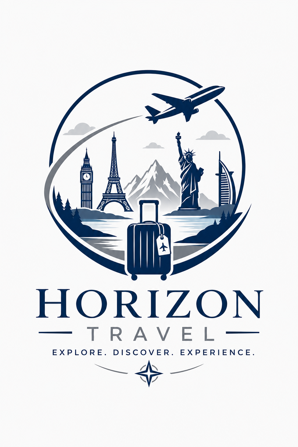 Travel Logo — corporate style logo concept, featuring landmarks, suitcase, plane, scenic vistas