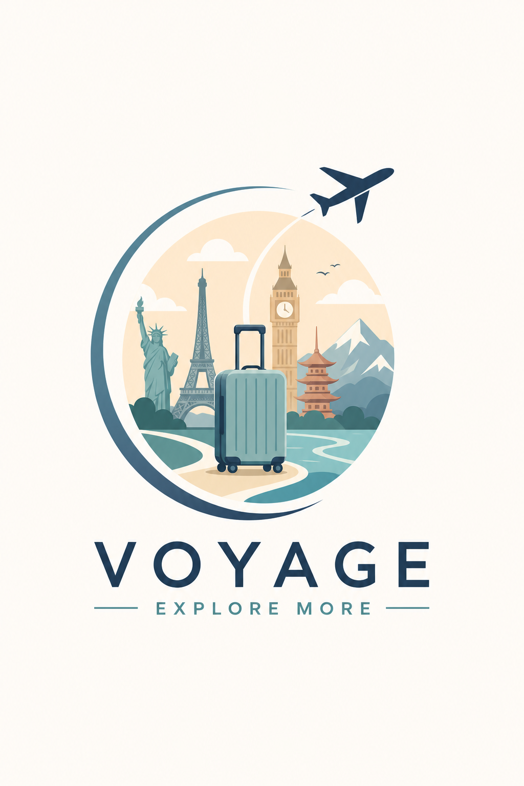 Travel Logo — modern style logo concept, featuring landmarks, suitcase, plane, scenic vistas