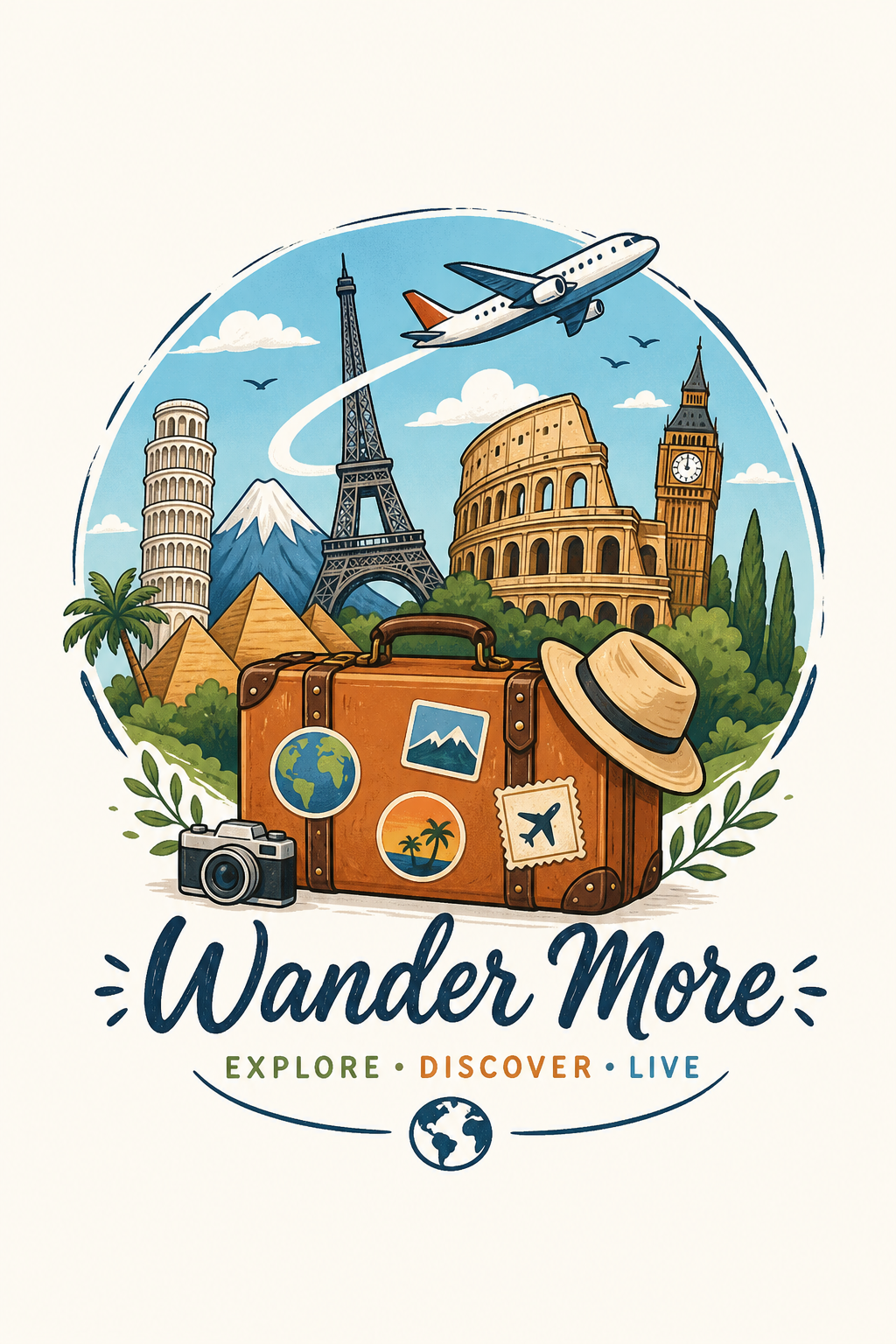 Travel Logo — illustration style logo concept, featuring landmarks, suitcase, plane, scenic vistas