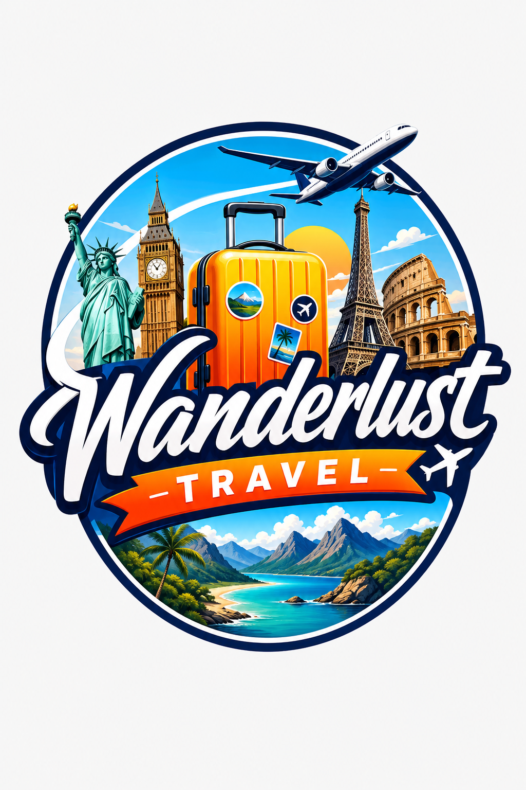 Travel Logo — vibrant style logo concept, featuring landmarks, suitcase, plane, scenic vistas