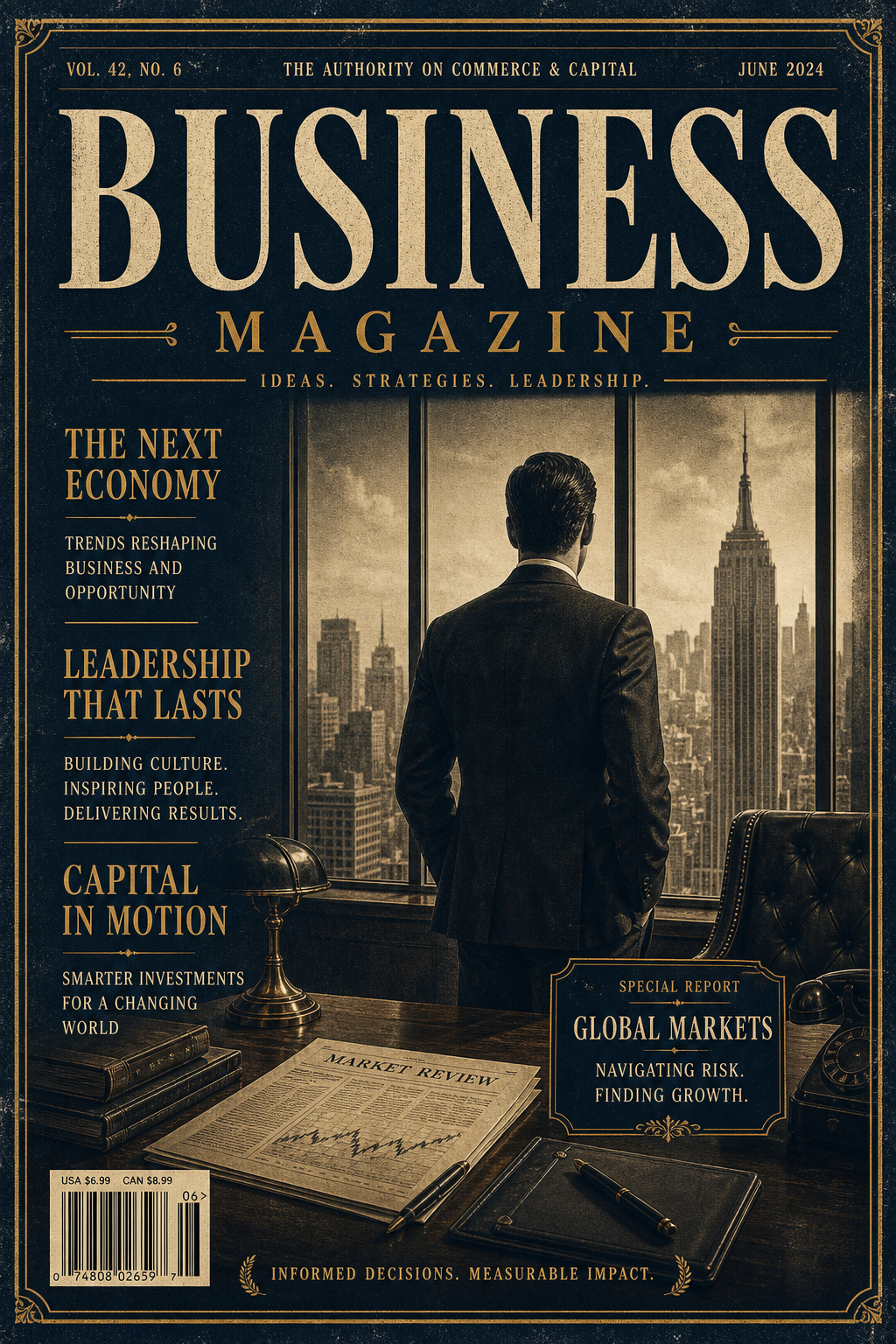 Business Magazine Cover — vintage style magazine cover, featuring professional office imagery, suit silhouettes, navy and gold palette