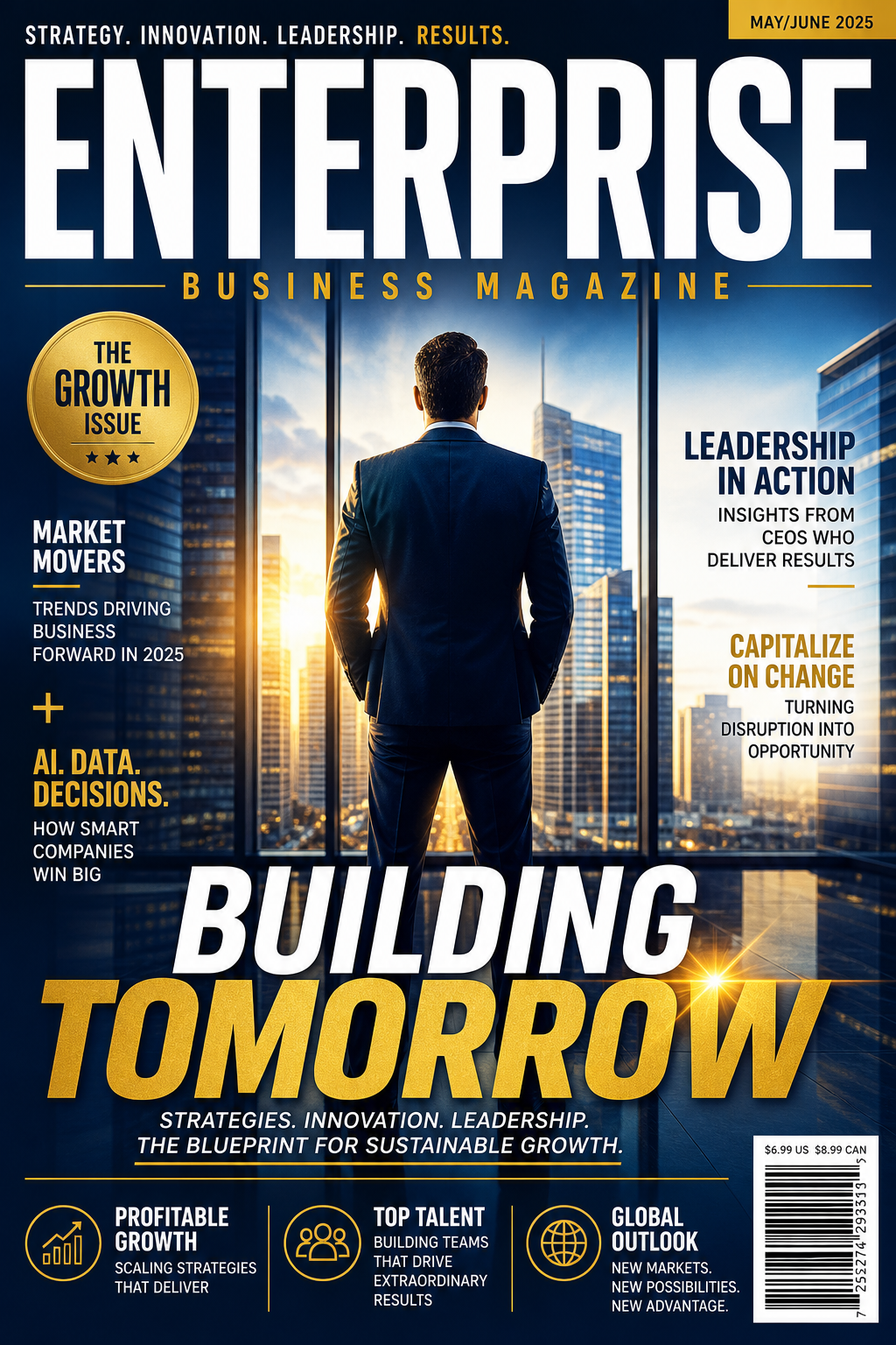 Business Magazine Cover — vibrant style magazine cover, featuring professional office imagery, suit silhouettes, navy and gold palette
