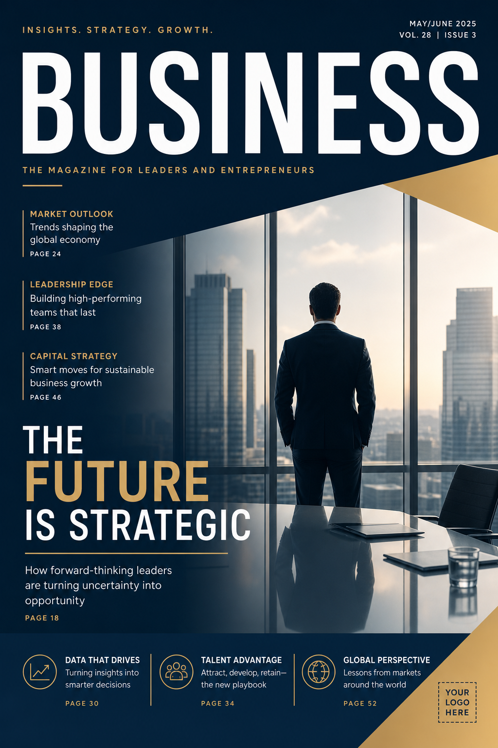 Business Magazine Cover — modern style magazine cover, featuring professional office imagery, suit silhouettes, navy and gold palette