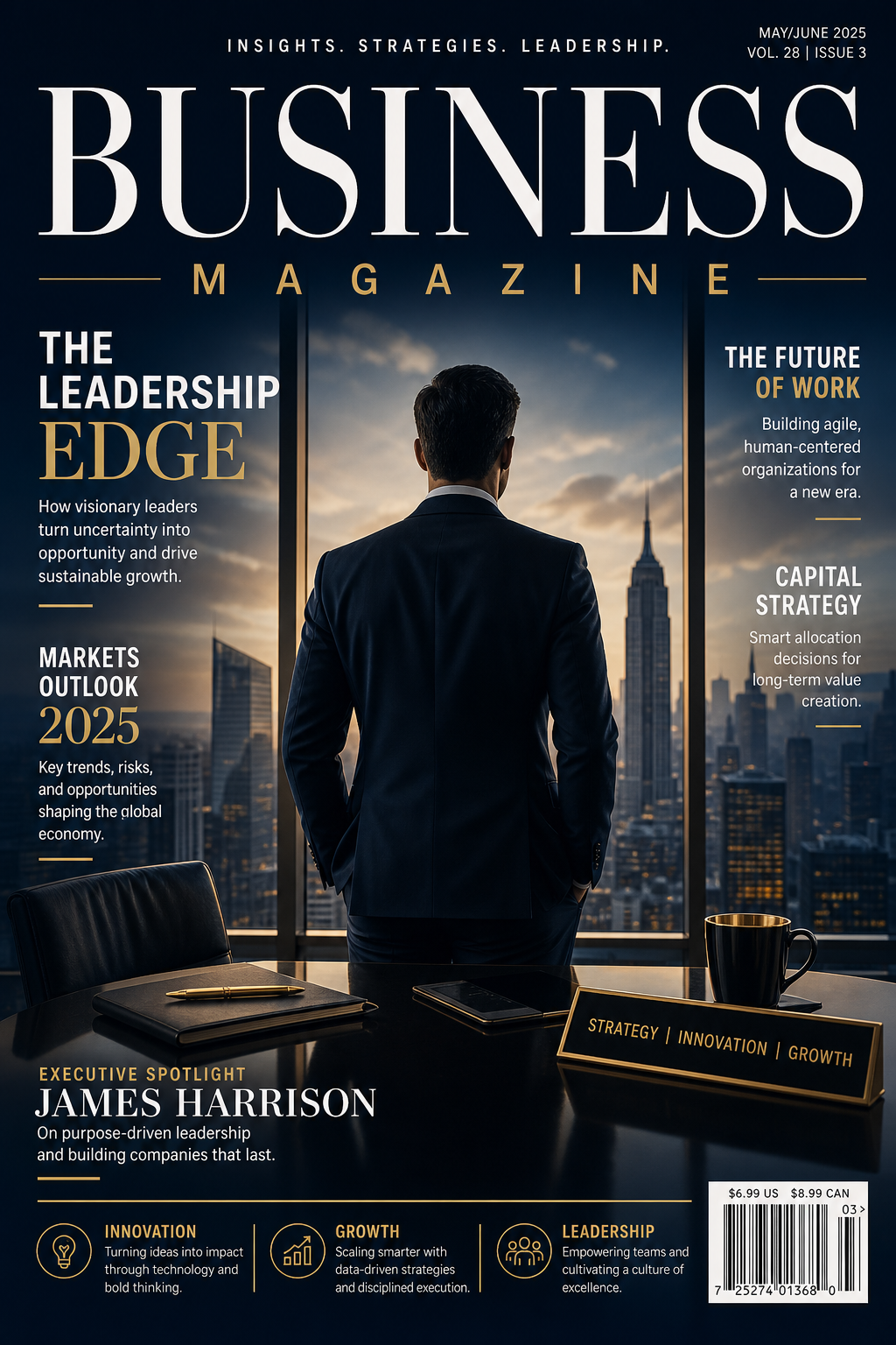 Business Magazine Cover — elegant style magazine cover, featuring professional office imagery, suit silhouettes, navy and gold palette