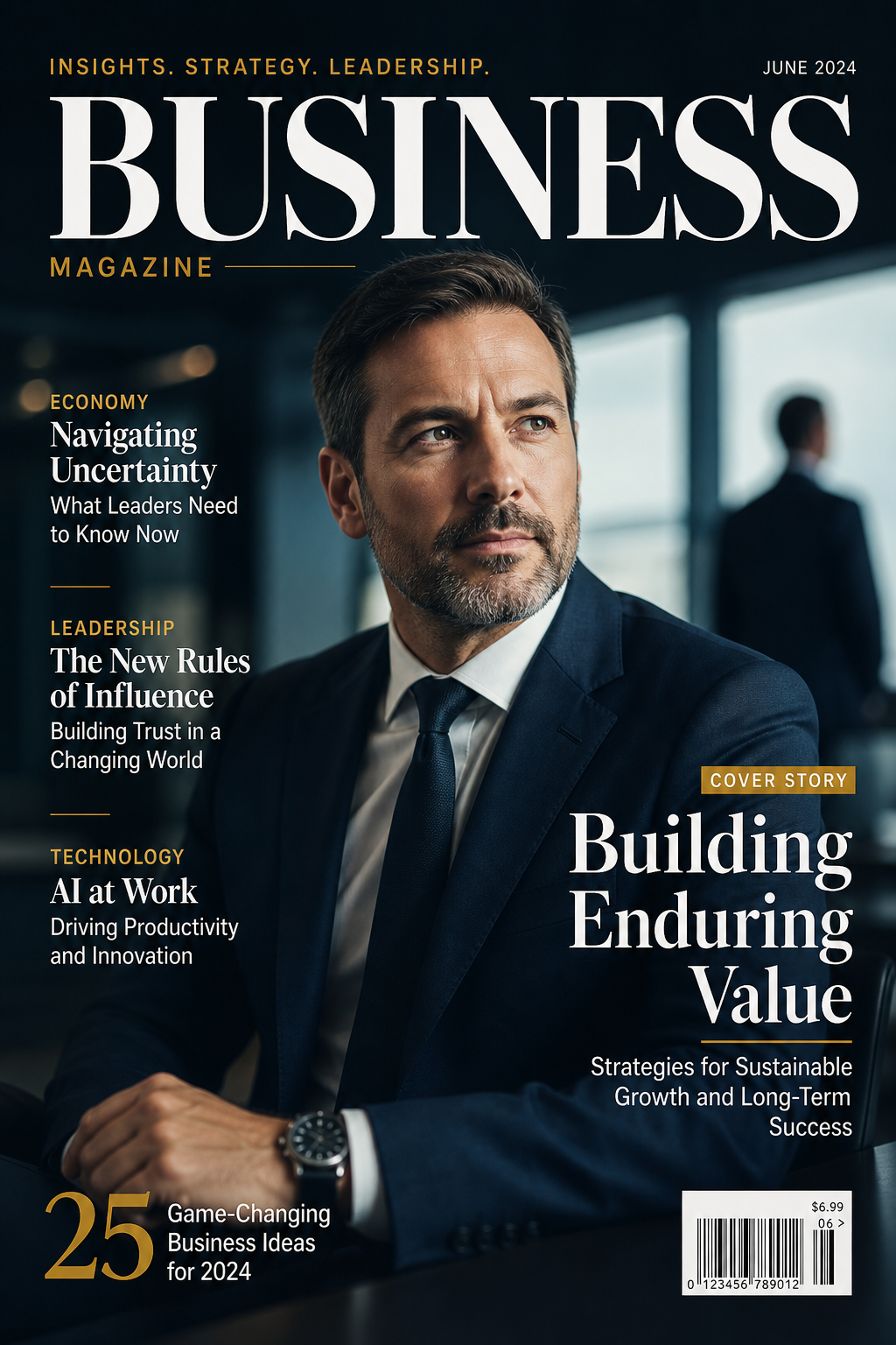 Business Magazine Cover — photo-realistic style magazine cover, featuring professional office imagery, suit silhouettes, navy and gold palette