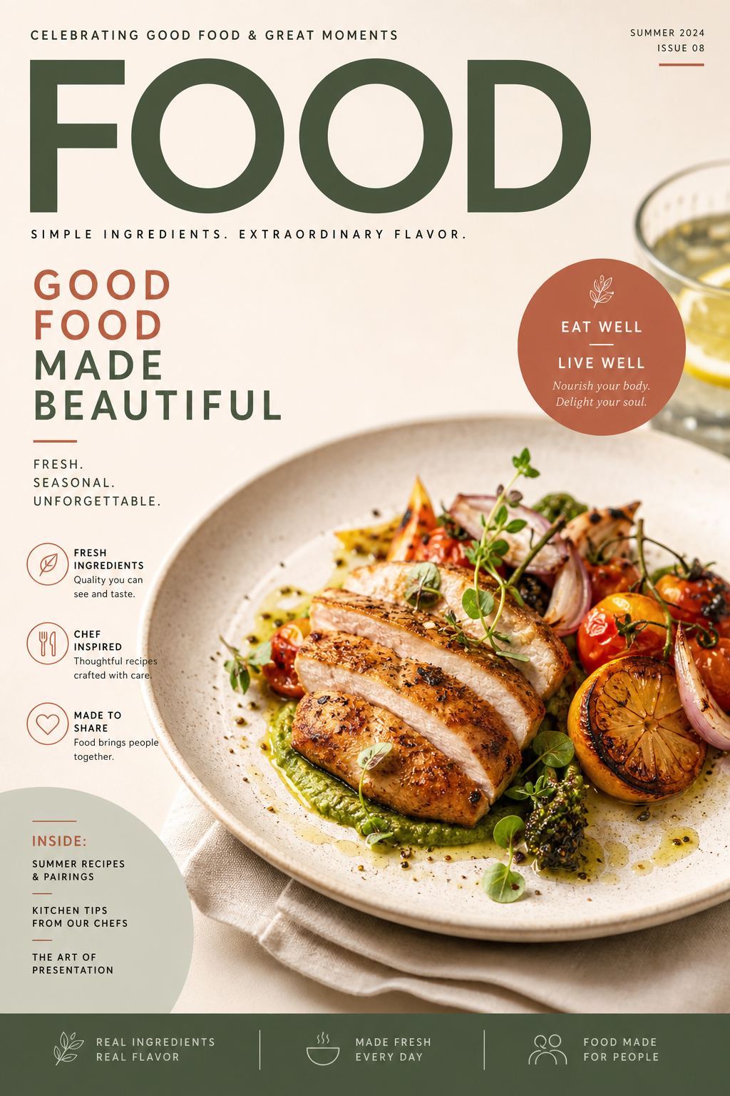 Food Poster — modern style magazine cover, featuring gourmet dish photography, fresh ingredients, warm appetizing tones