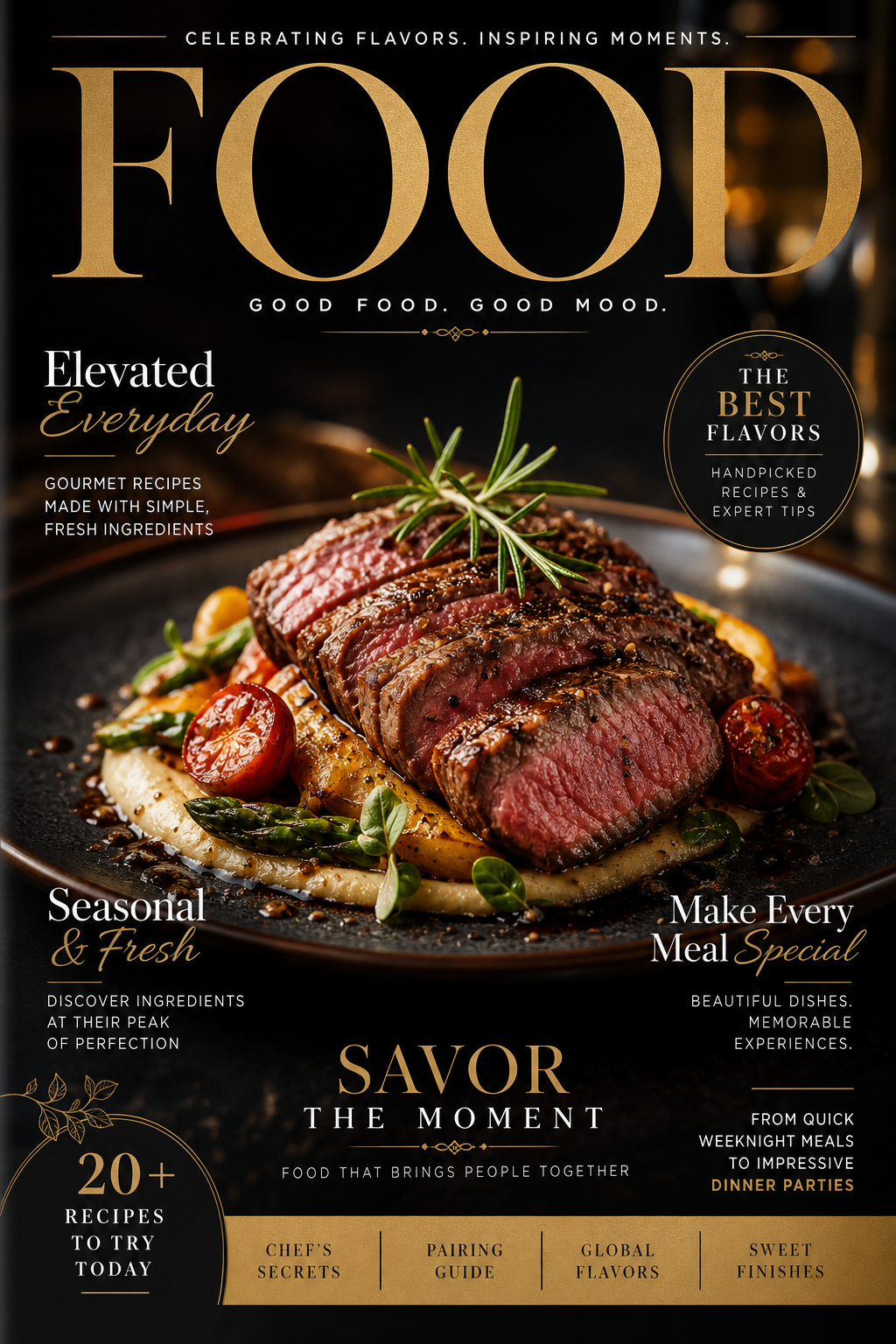 Food Poster — elegant style magazine cover, featuring gourmet dish photography, fresh ingredients, warm appetizing tones