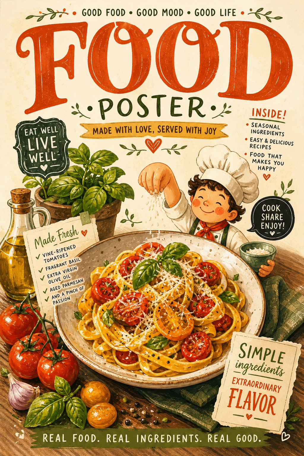 Food Poster — illustration style magazine cover, featuring gourmet dish photography, fresh ingredients, warm appetizing tones